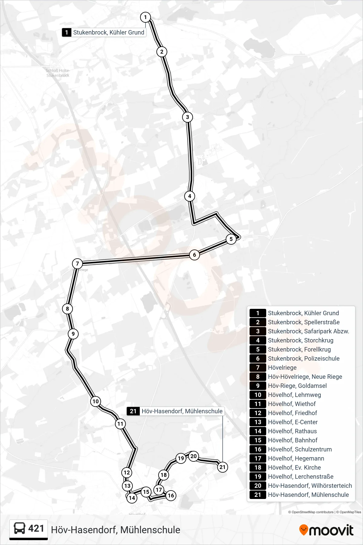 Linie 421 (Bus) Richtung Höv-Hasendorf, Mühlenschule: Route und Haltestellen auf der Karte