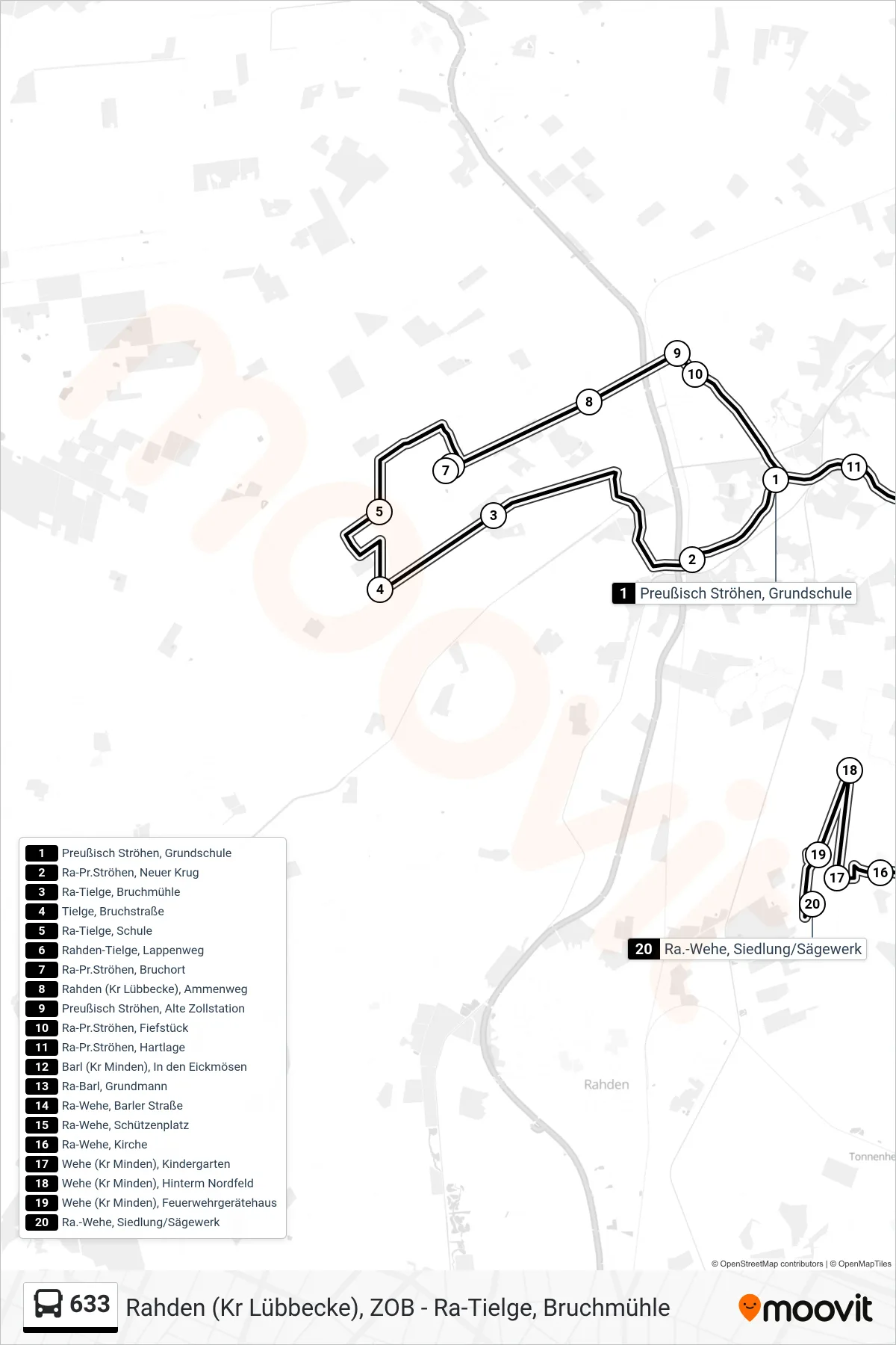 633 bus Line (Wehe Kirche) route and stops on a map