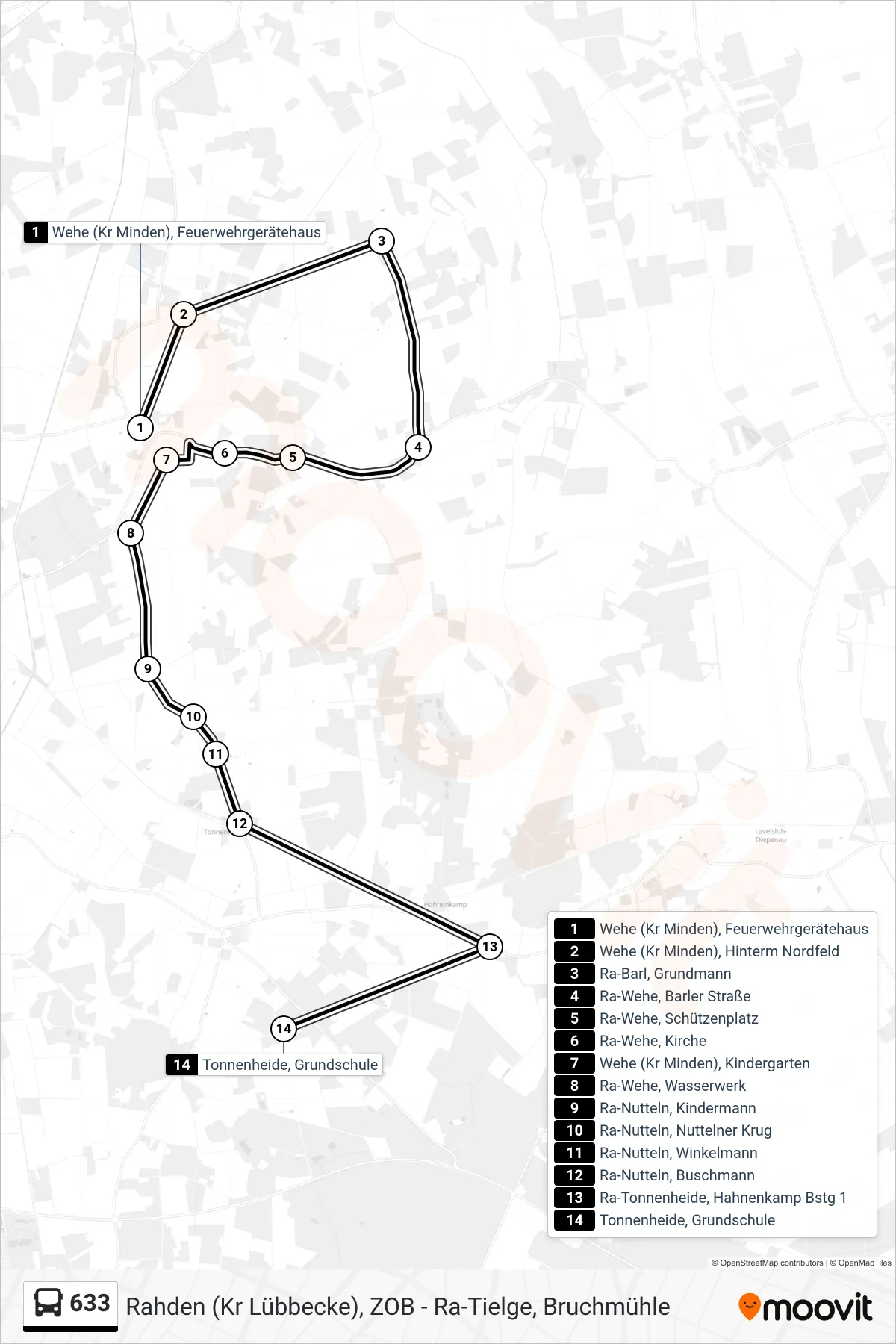 633 bus Line (Tonnenheide Grundschule) route and stops on a map