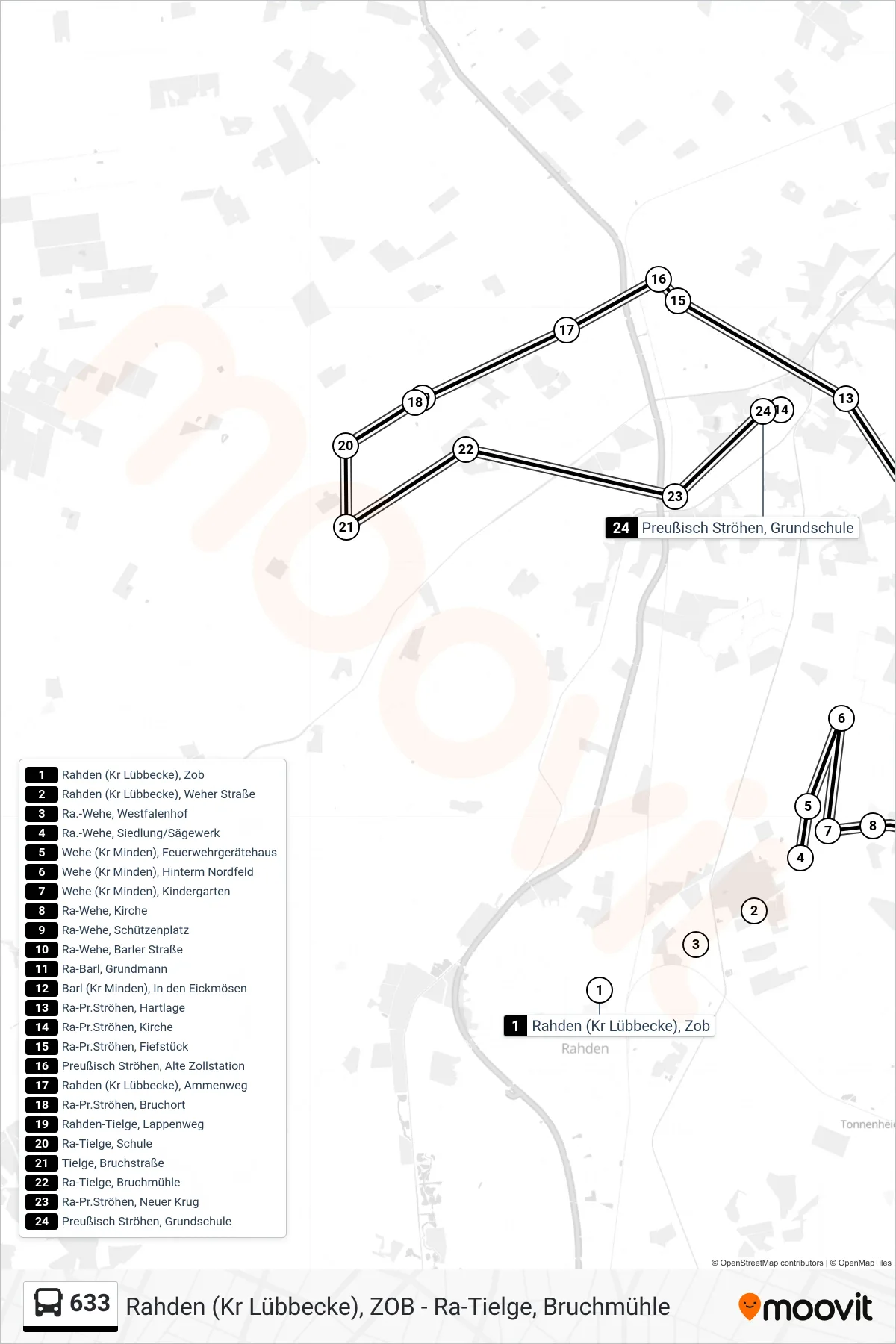 633 bus Line (Pr. Ströhen Grundschule) route and stops on a map