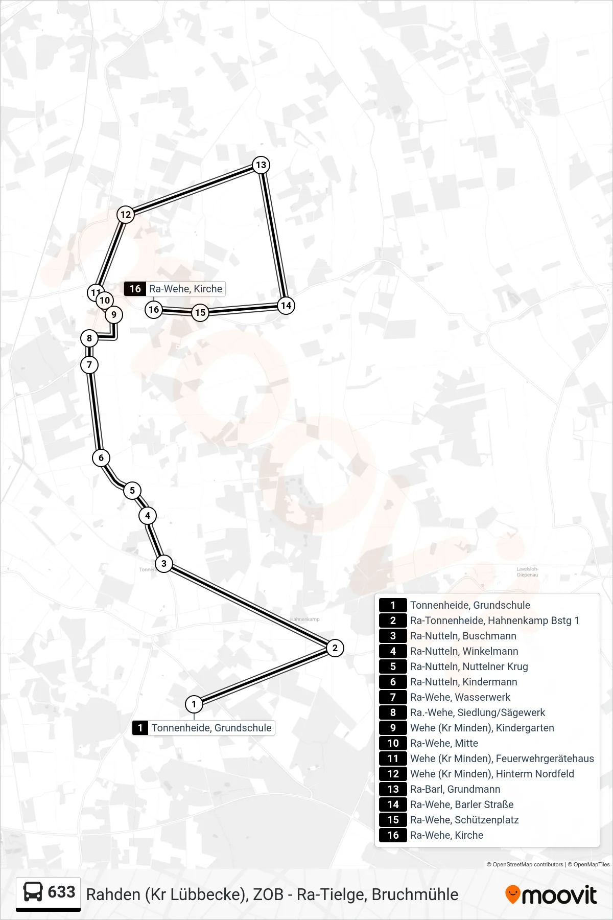 633 bus Line (Wehe Kirche) route and stops on a map