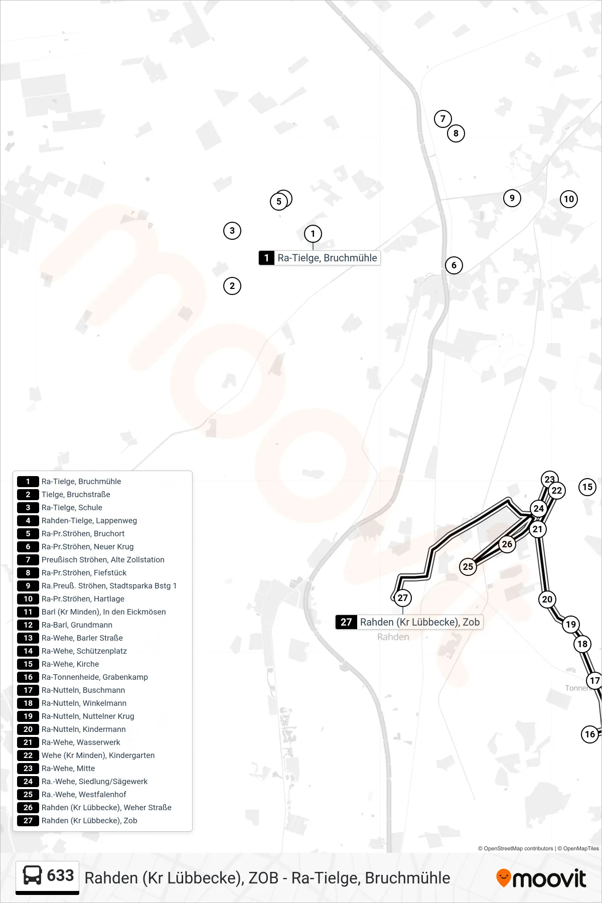 633 bus Line (Rahden Schulzentrum) route and stops on a map