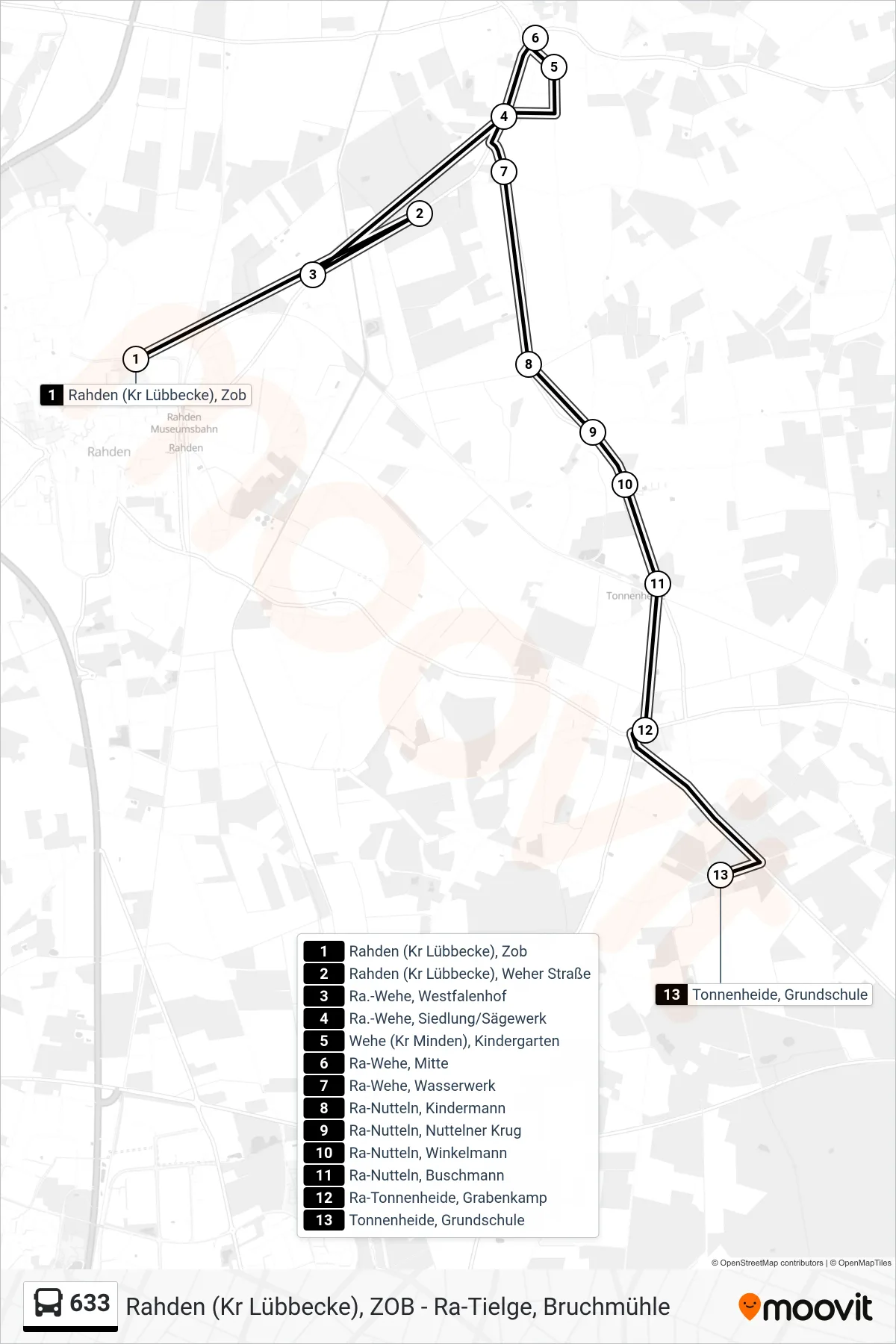 633 bus Line (Tonnenheide Grundschule) route and stops on a map