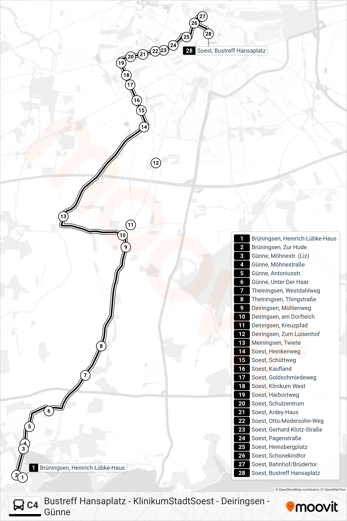 Linie C4 (Bus) Richtung Soest, Bustreff Hansaplatz D: Route und Haltestellen auf der Karte