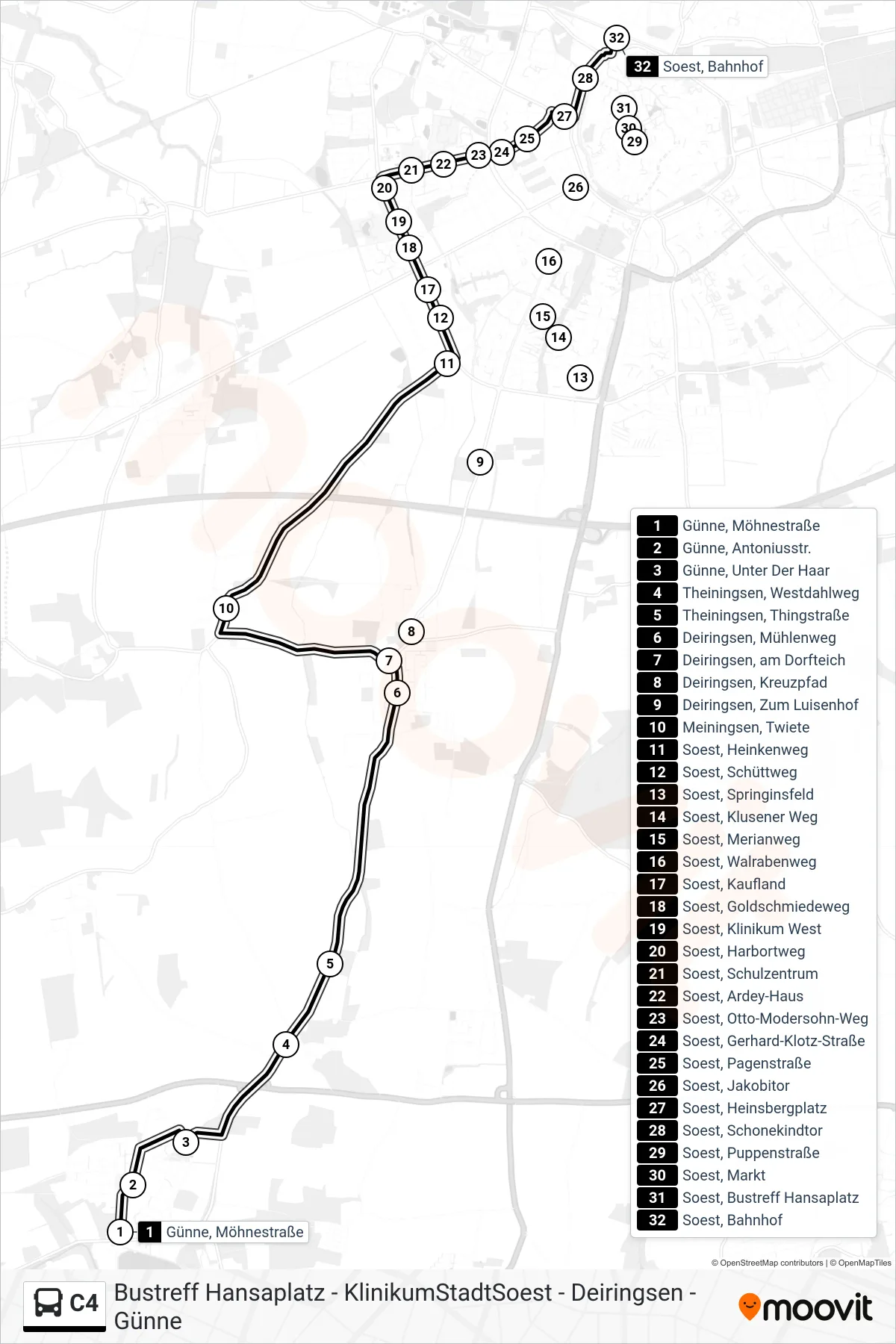 Linie C4 (Bus) Richtung Soest, Bahnhof A: Route und Haltestellen auf der Karte