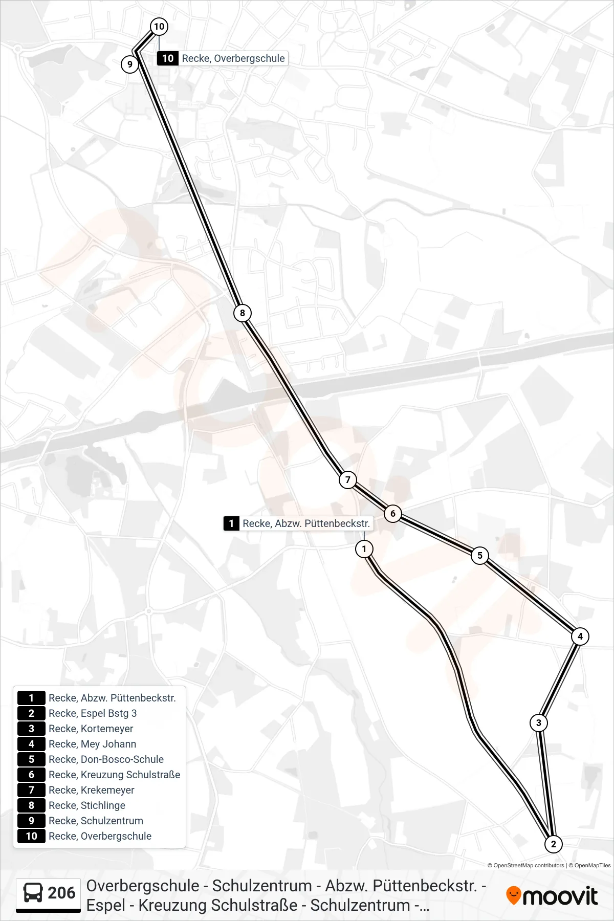 Linie 206 (Bus) Richtung Recke, Overbergschule: Route und Haltestellen auf der Karte