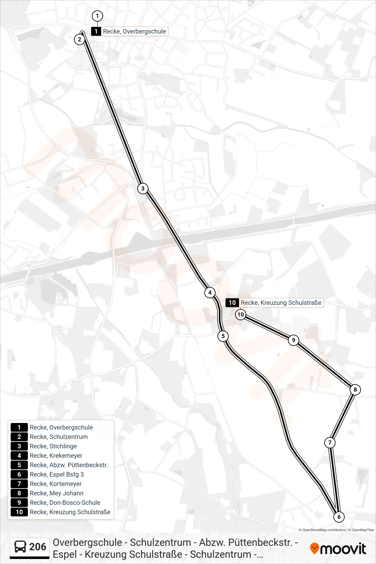 Linie 206 (Bus) Richtung Recke, Kreuzung Schulstraße: Route und Haltestellen auf der Karte