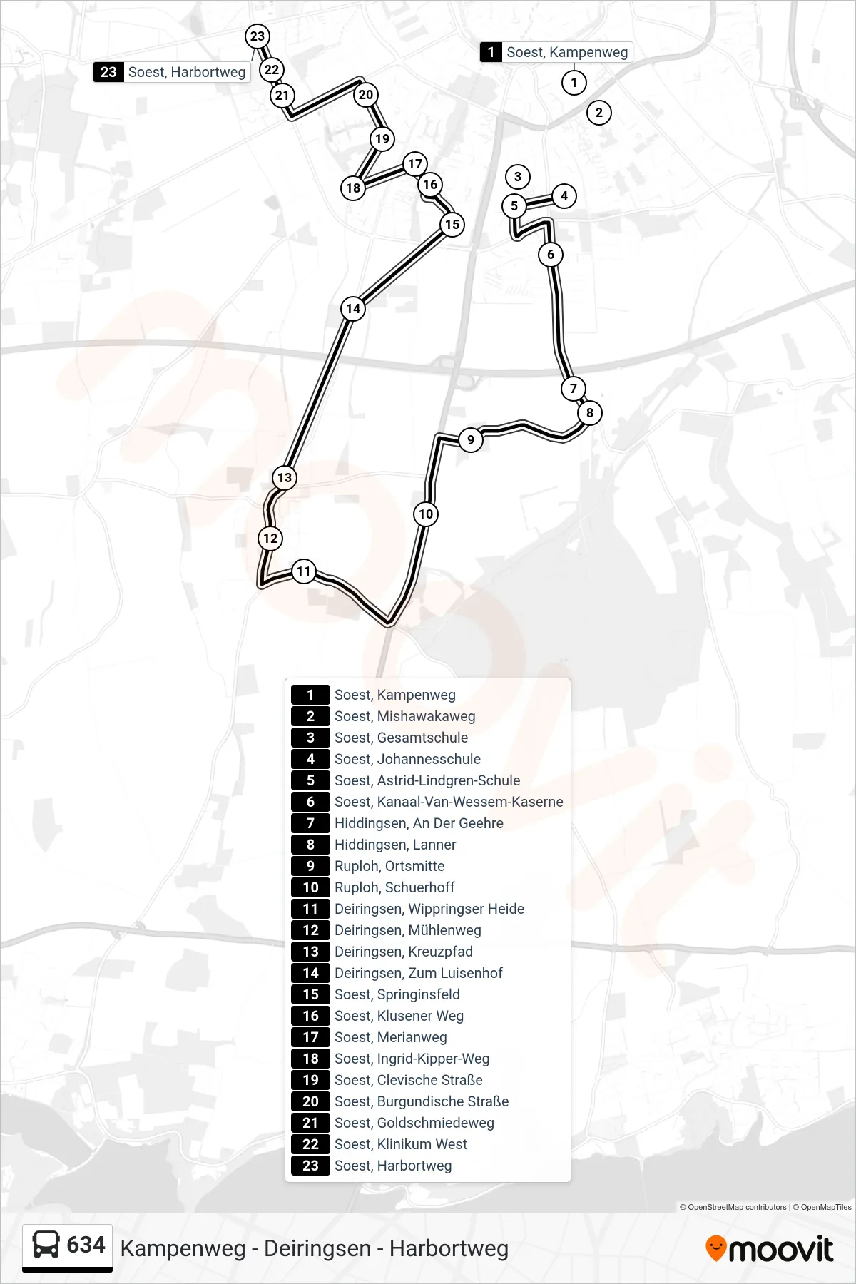 634 bus Line (Soest, Harbortweg) route and stops on a map