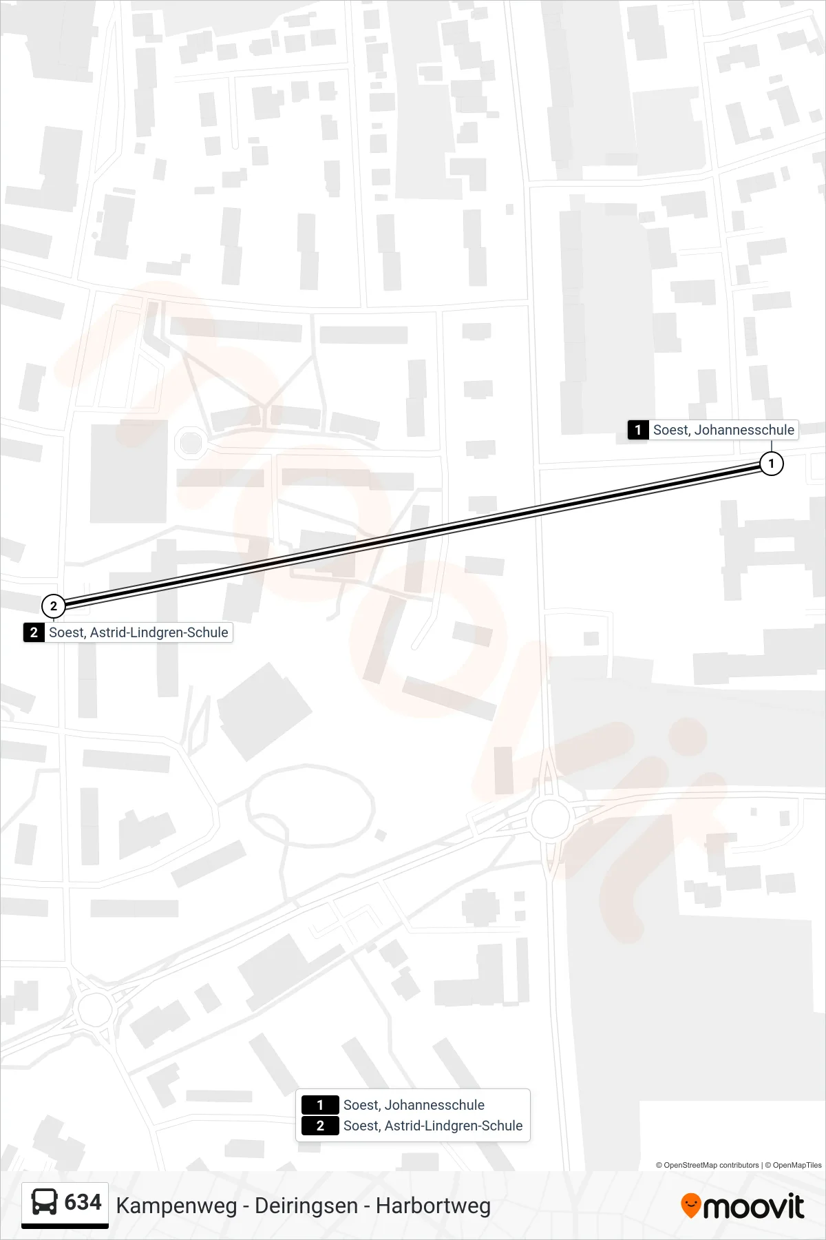 634 bus Line (Soest, Astrid-Lindgren-Schule) route and stops on a map