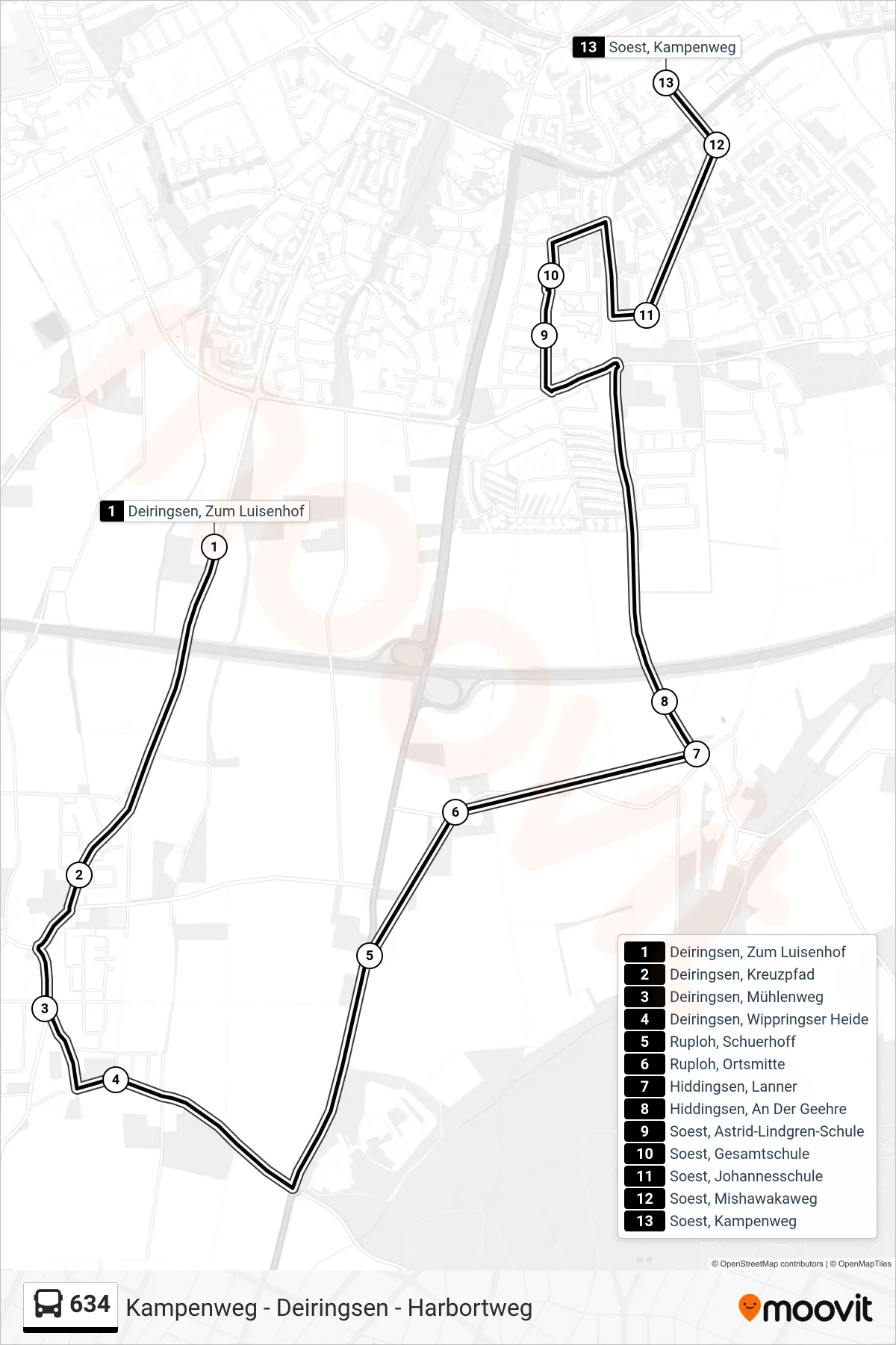 Linie 634 (Bus) Richtung Soest, Kampenweg: Route und Haltestellen auf der Karte