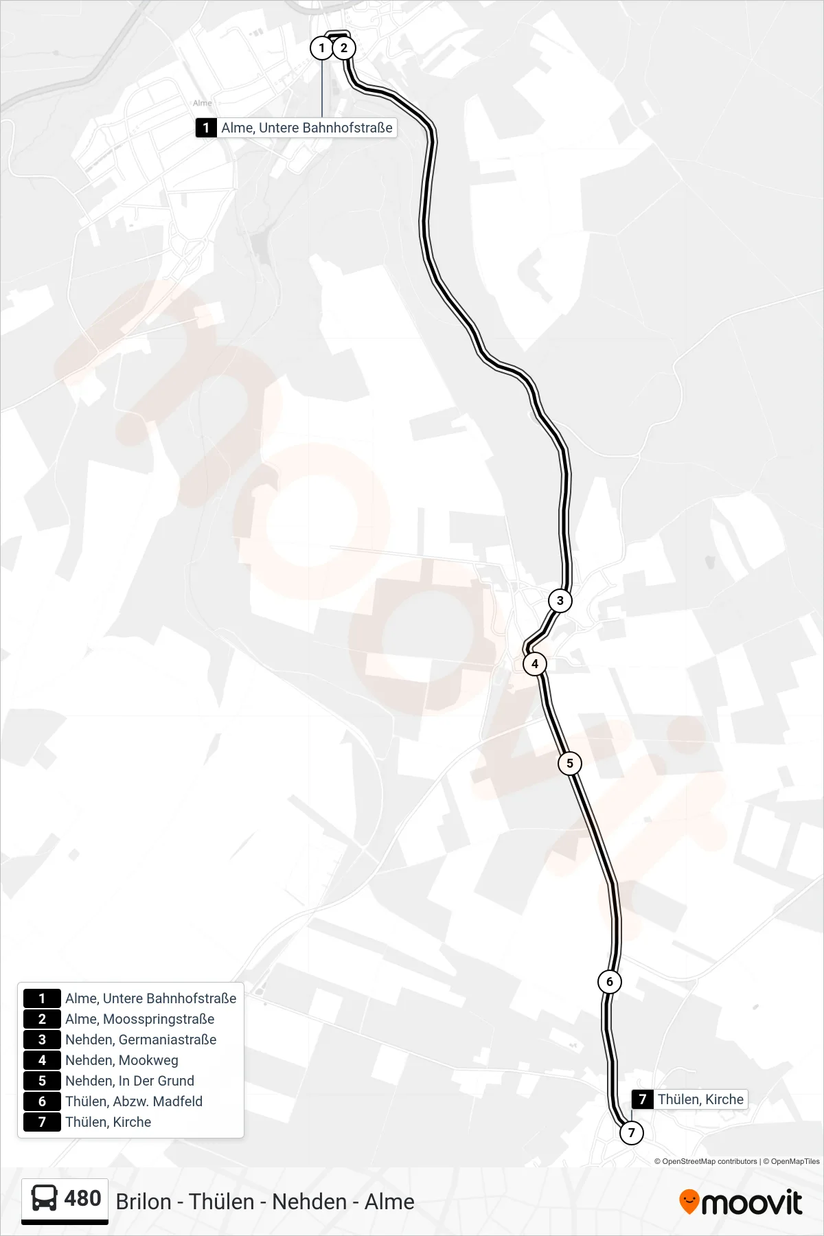 Linie 480 (Bus) Richtung Thülen, Kirche: Route und Haltestellen auf der Karte
