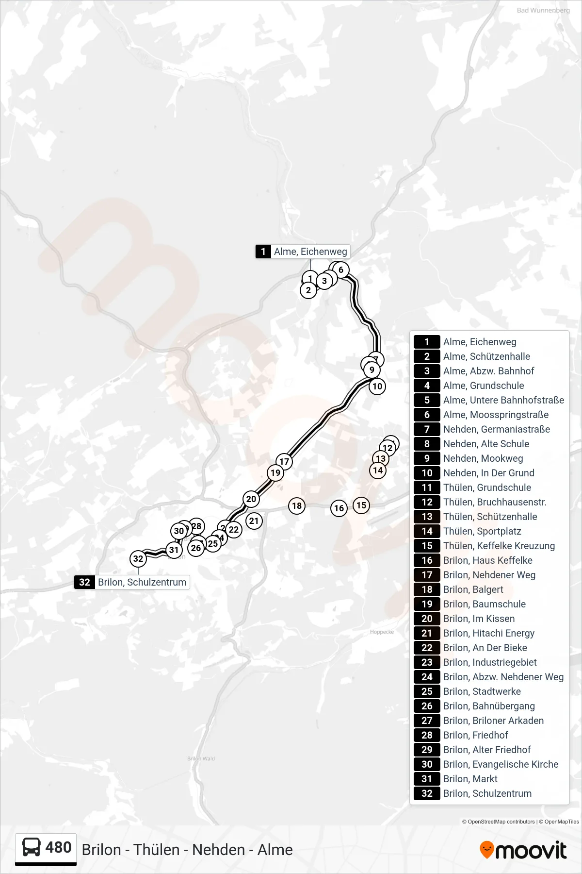 480 bus Line (Brilon, Schulzentrum D) route and stops on a map