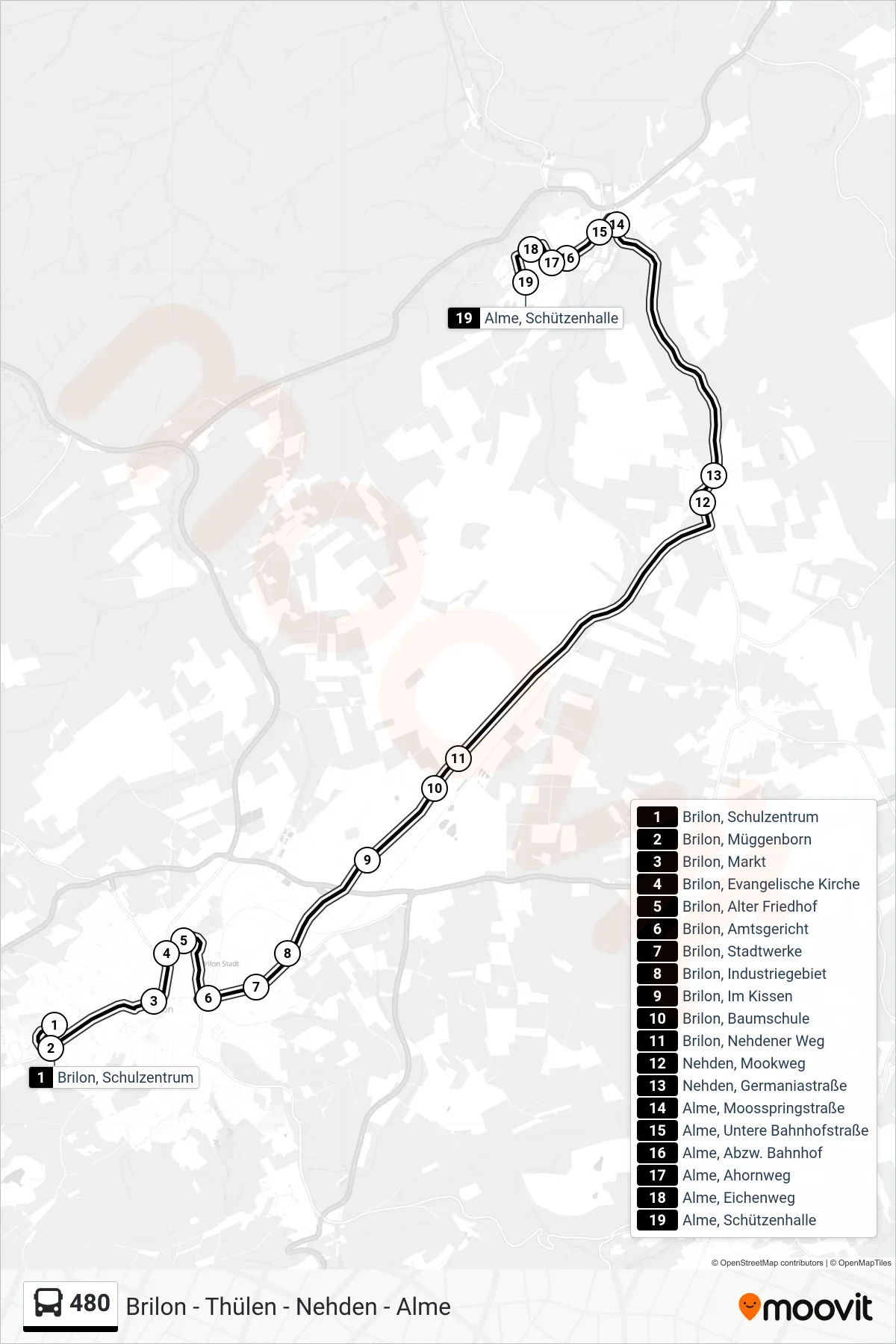 480 bus Line (Alme, Schützenhalle) route and stops on a map