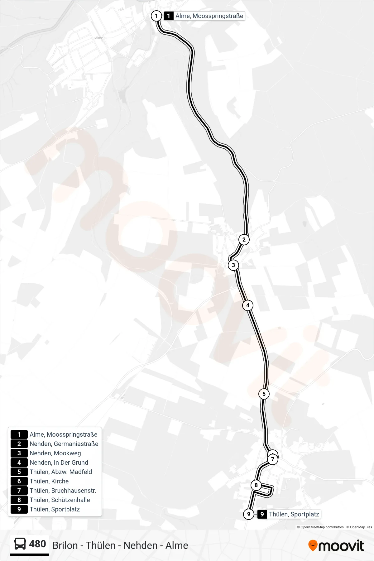 480 bus Line (Thülen, Sportplatz) route and stops on a map