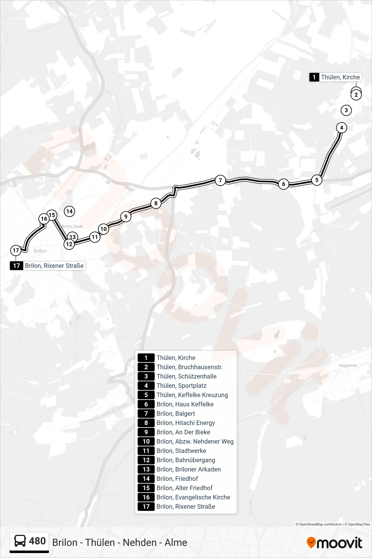 Linie 480 (Bus) Richtung Brilon, Rixener Straße: Route und Haltestellen auf der Karte