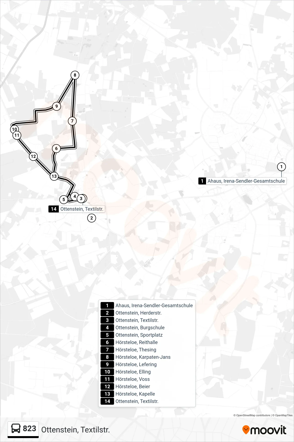 823 bus Line (Ottenstein, Textilstr.) route and stops on a map