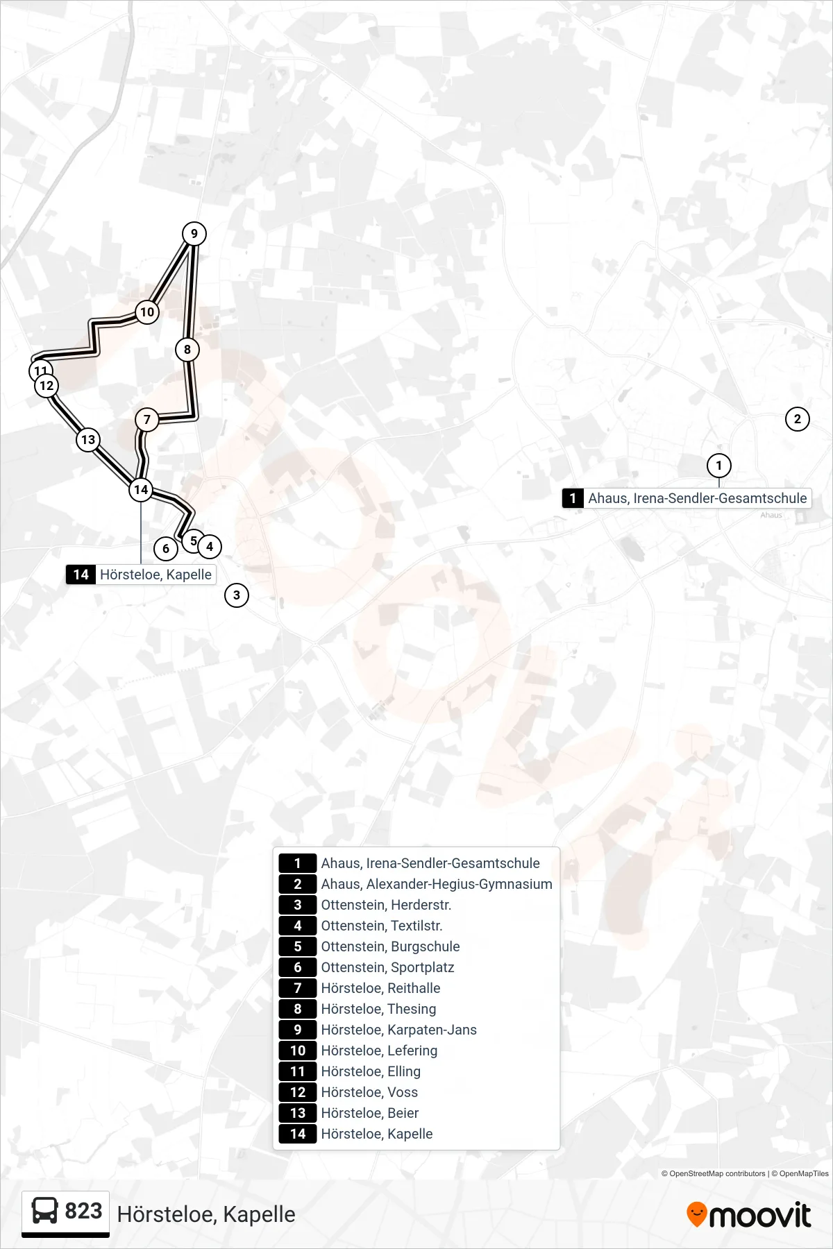 823 bus Line (Hörsteloe, Kapelle) route and stops on a map
