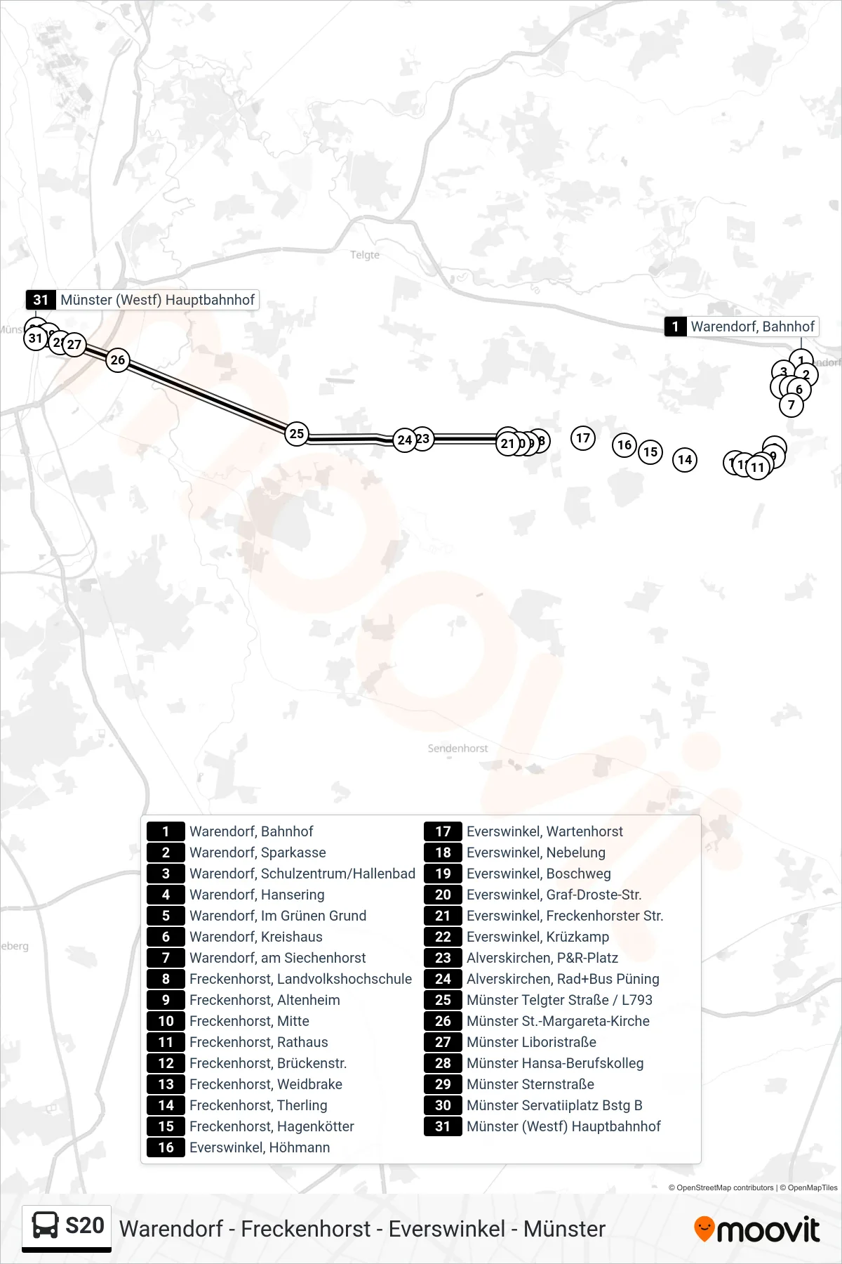 Linie S20 (Bus) Richtung Münster (Westf) Hauptbahnhof Bstg D1: Route und Haltestellen auf der Karte
