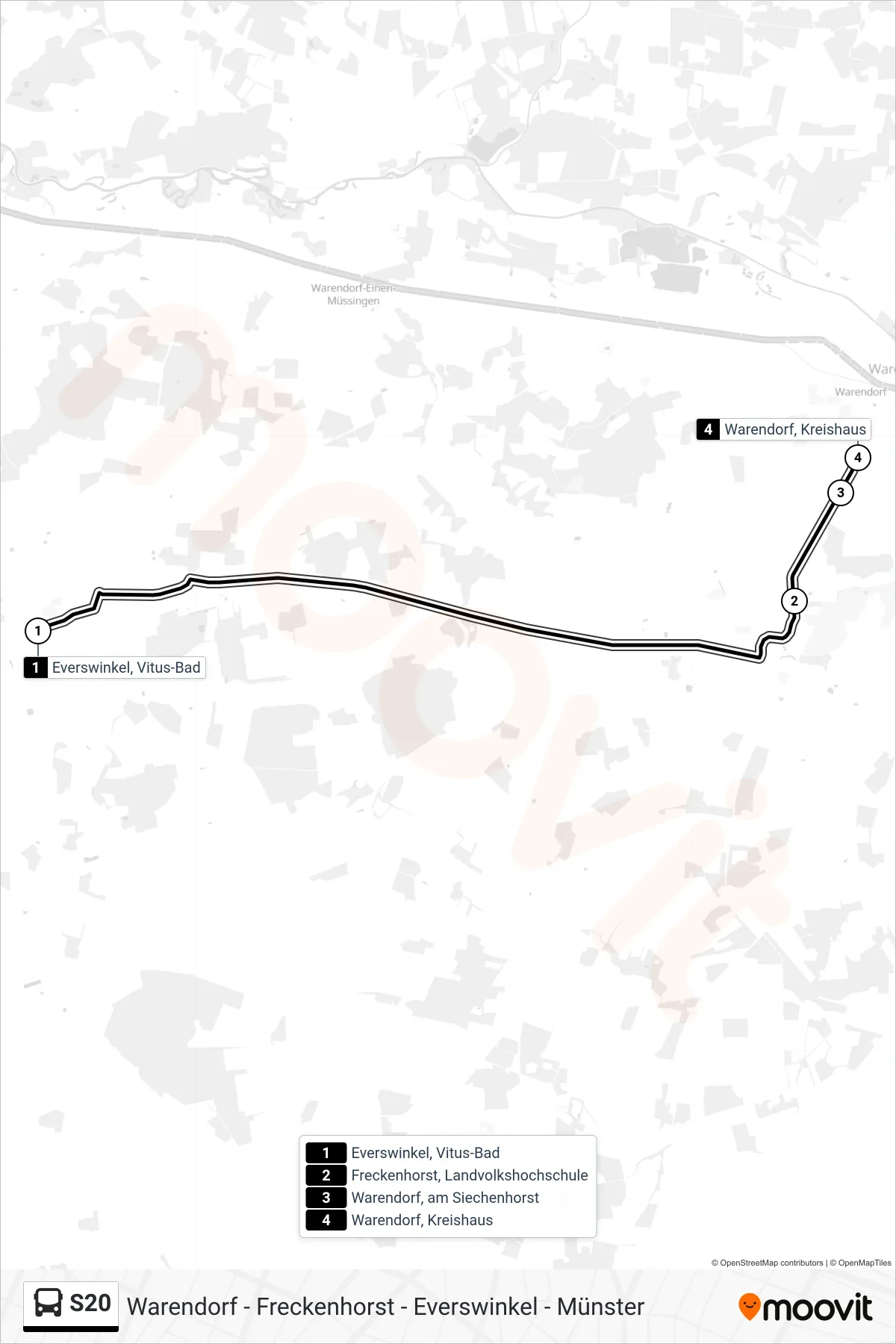 S20 bus Line (Warendorf, Kreishaus) route and stops on a map