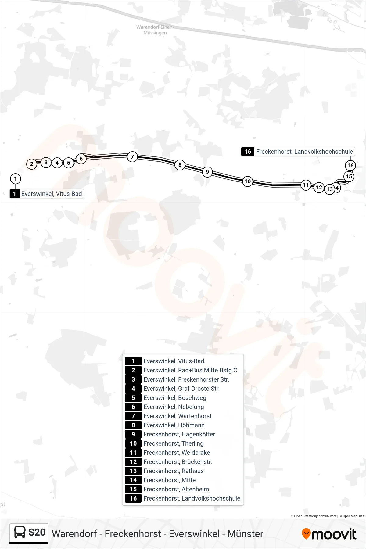 S20 bus Line (Freckenhorst, Landvolkshochschule) route and stops on a map