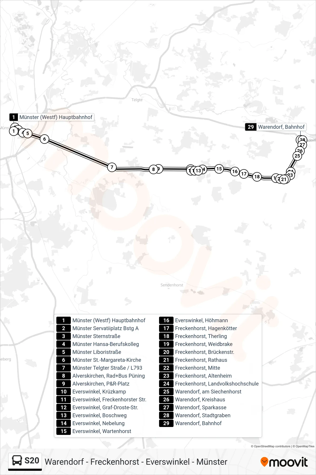 S20 bus Line (Warendorf, Bahnhof Bstg 1b) route and stops on a map