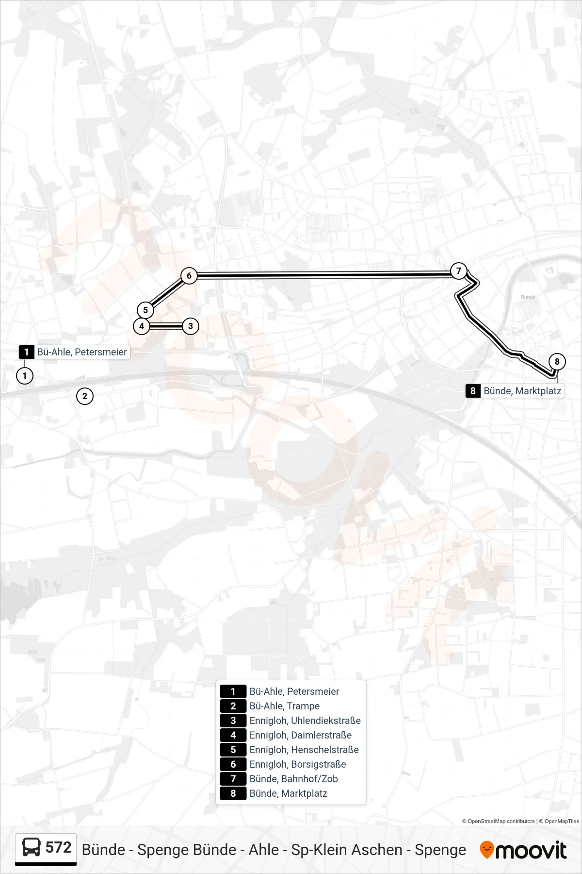 572 bus Line (Bünde, Marktplatz) route and stops on a map