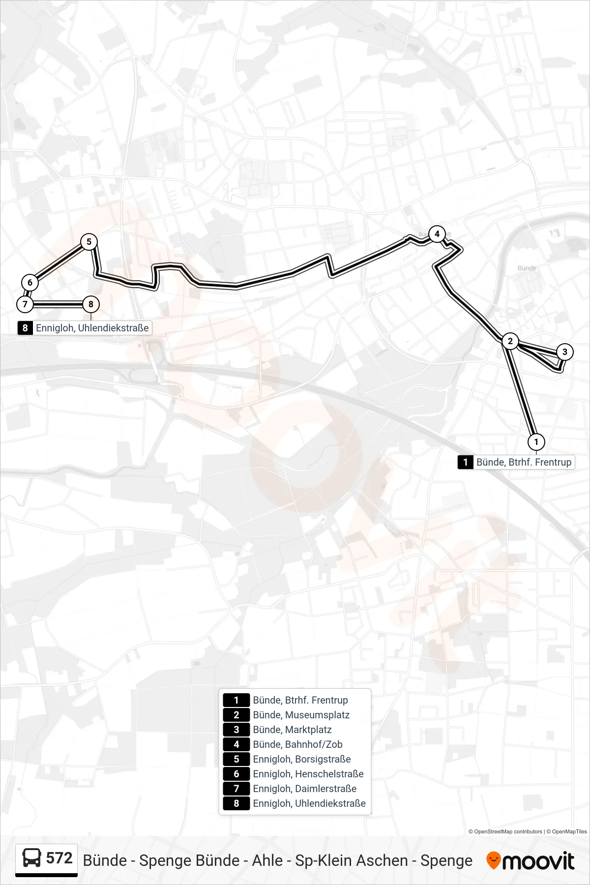 572 bus Line (Ennigloh, Uhlendiekstraße) route and stops on a map