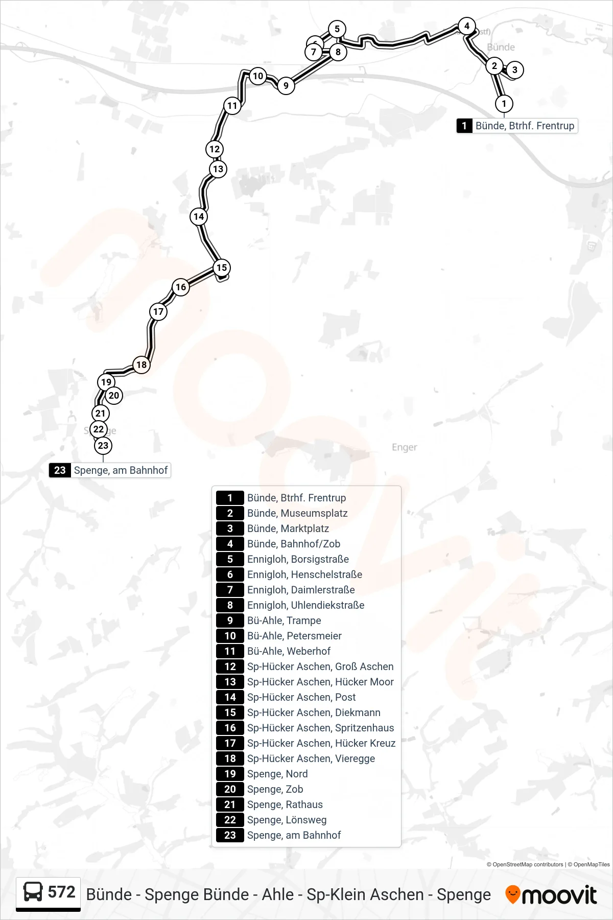 572 bus Line (Spenge, am Bahnhof) route and stops on a map