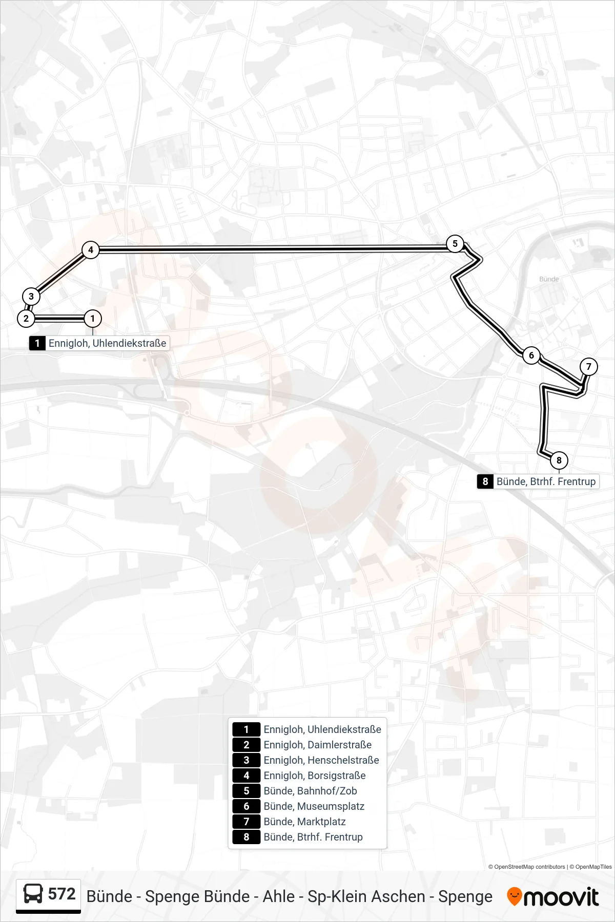 Linie 572 (Bus) Richtung Bünde, Btrhf. Frentrup: Route und Haltestellen auf der Karte