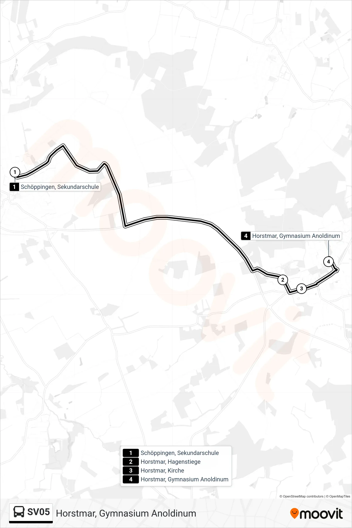 SV05 bus Line (Horstmar, Gymnasium Anoldinum) route and stops on a map