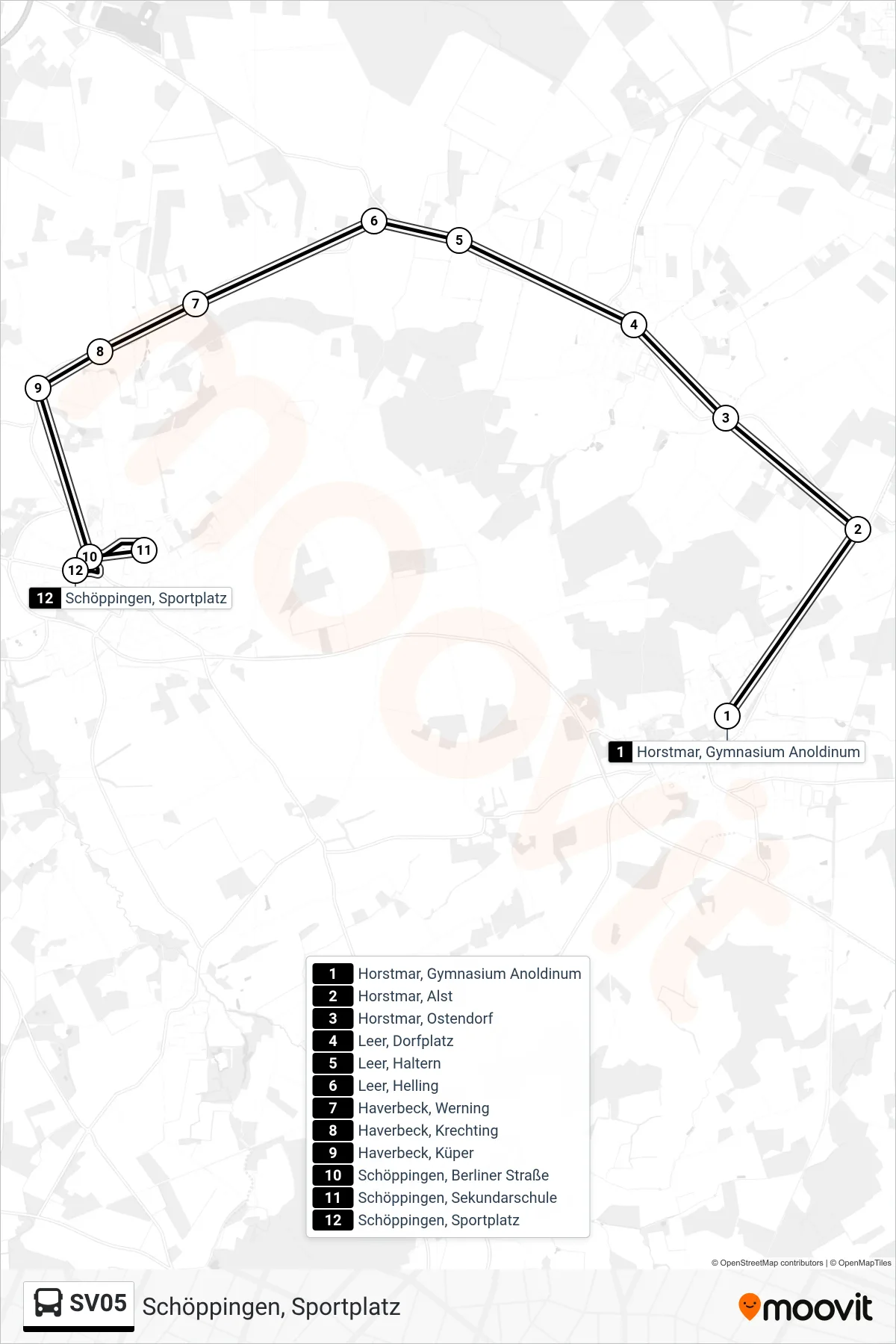 SV05 bus Line (Schöppingen, Sportplatz) route and stops on a map