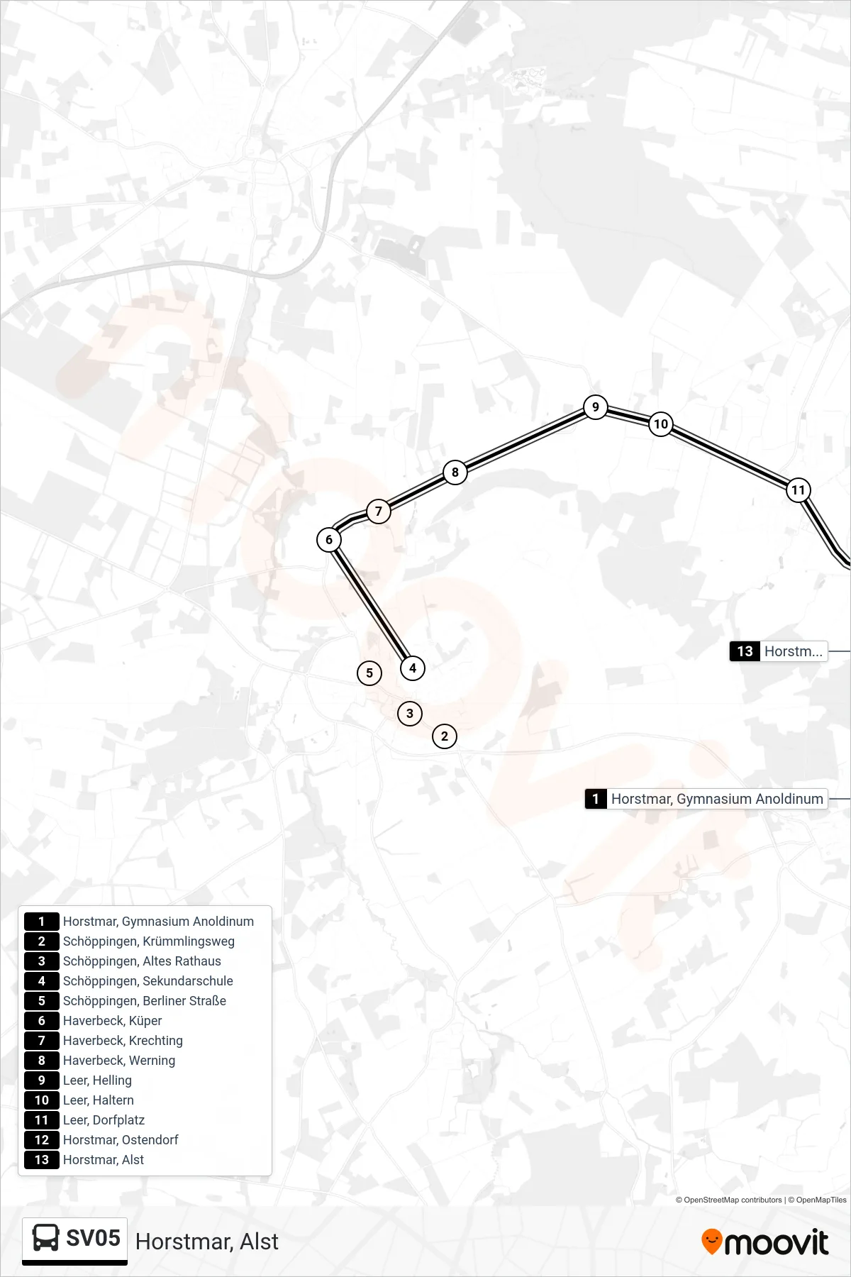 SV05 bus Line (Horstmar, Alst) route and stops on a map