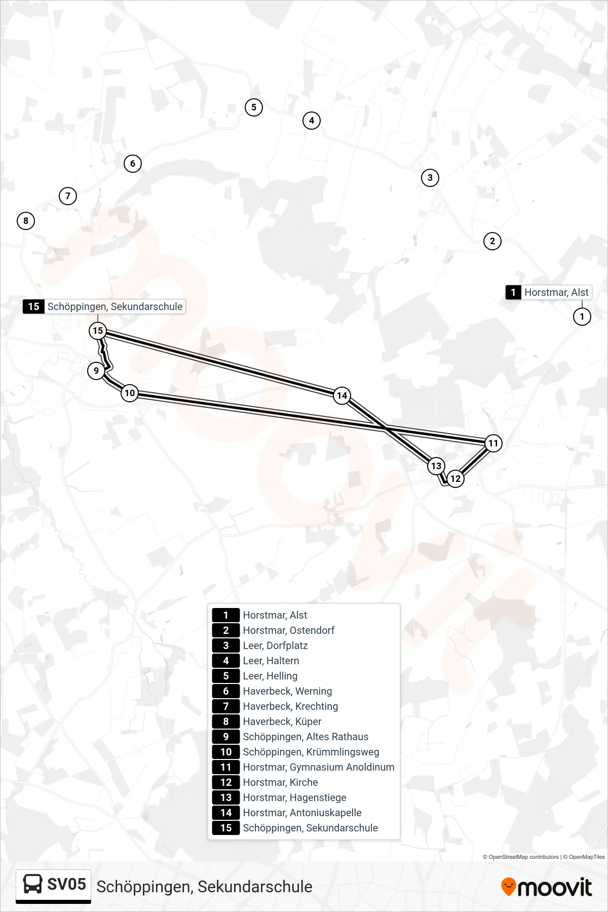 SV05 bus Line (Schöppingen, Sekundarschule) route and stops on a map