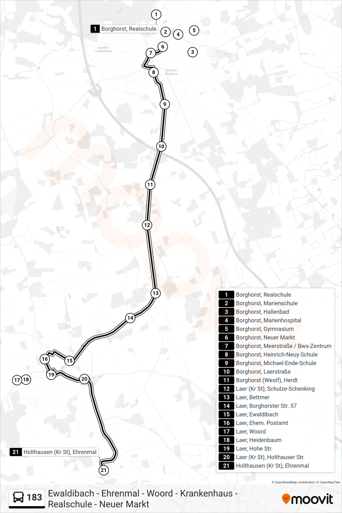 183 bus Line (Holthausen (Kr St), Ehrenmal) route and stops on a map