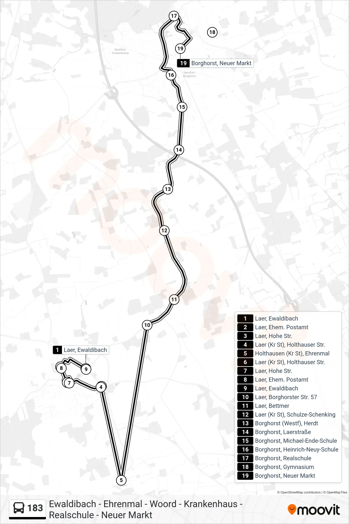 183 bus Line (Borghorst, Neuer Markt) route and stops on a map