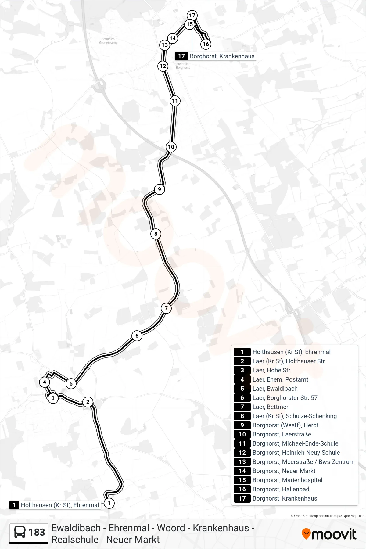 183 bus Line (Borghorst, Krankenhaus) route and stops on a map