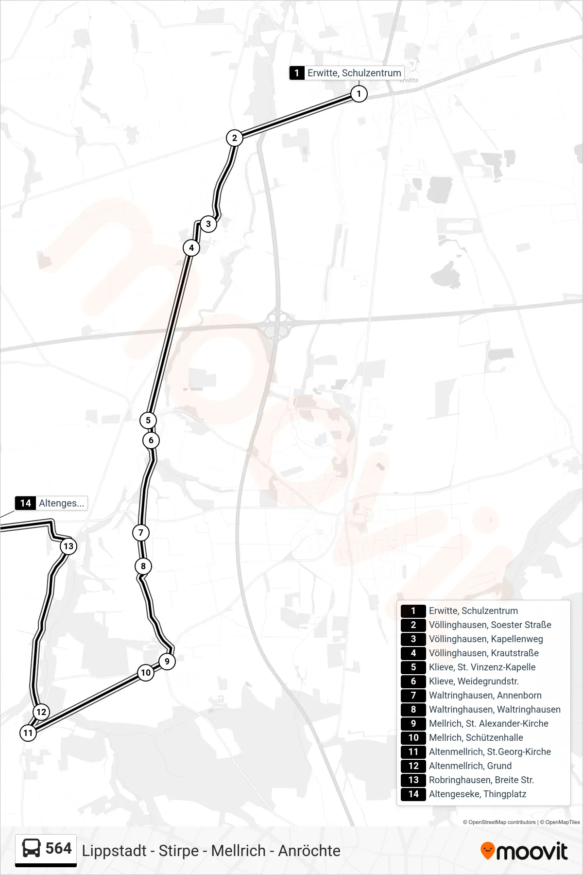 564 bus Line (Altengeseke, Thingplatz) route and stops on a map