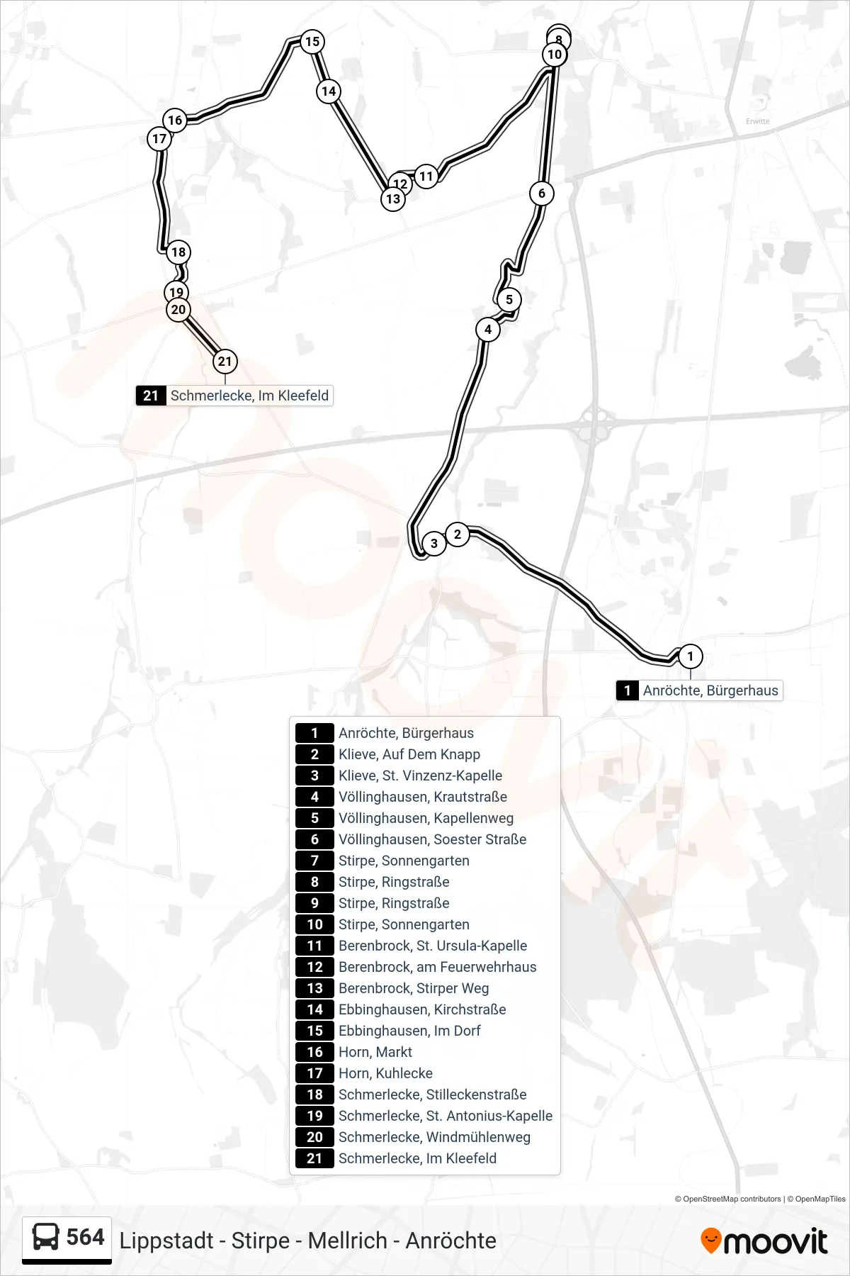 564 bus Line (Schmerlecke, Im Kleefeld) route and stops on a map