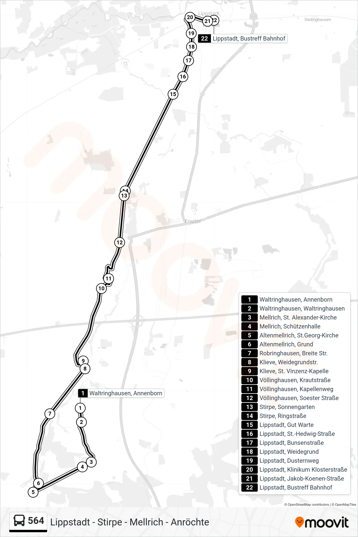 Linie 564 (Bus) Richtung Lippstadt, Bustreff Bahnhof F: Route und Haltestellen auf der Karte