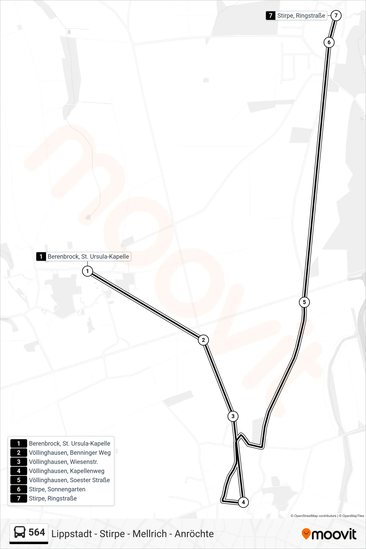 564 bus Line (Stirpe, Ringstraße) route and stops on a map