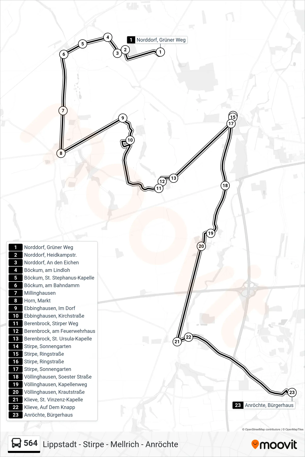564 bus Line (Anröchte, Bürgerhaus) route and stops on a map