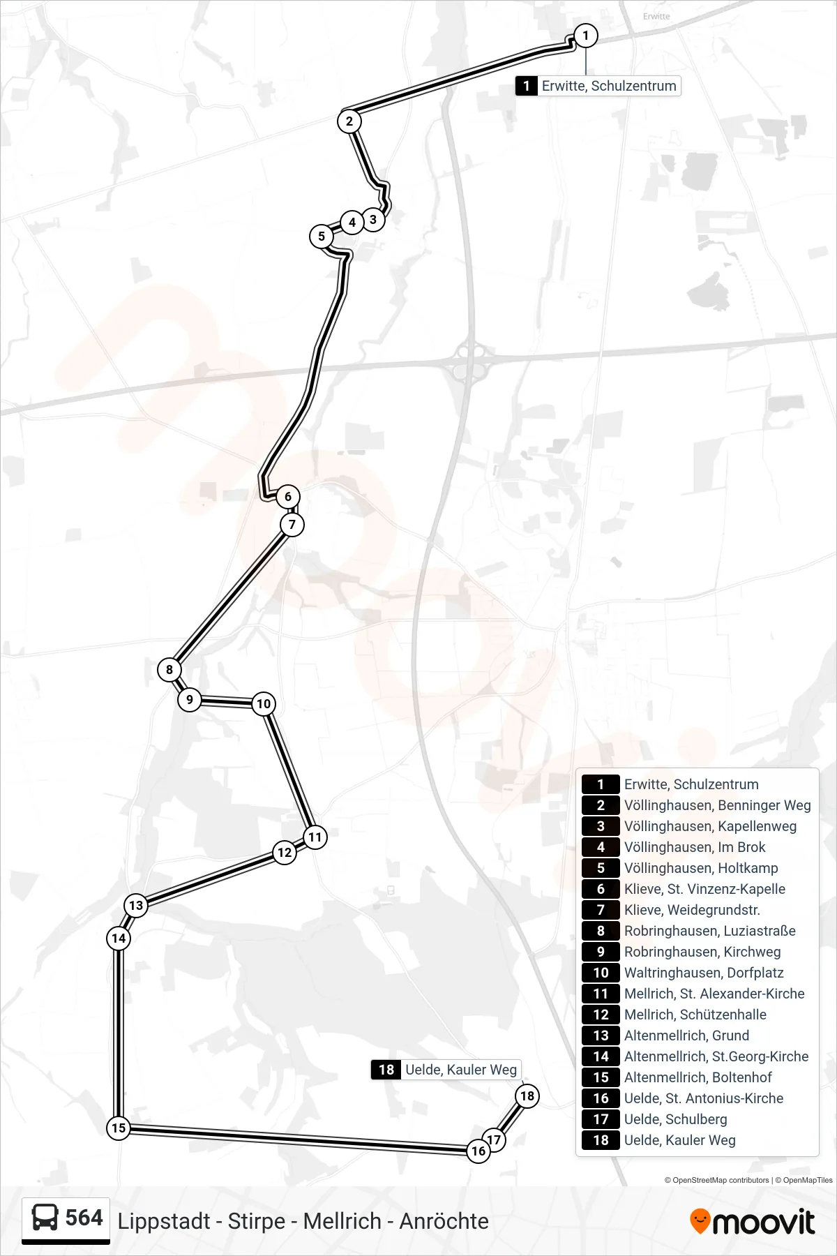 564 bus Line (Uelde, Kauler Weg) route and stops on a map