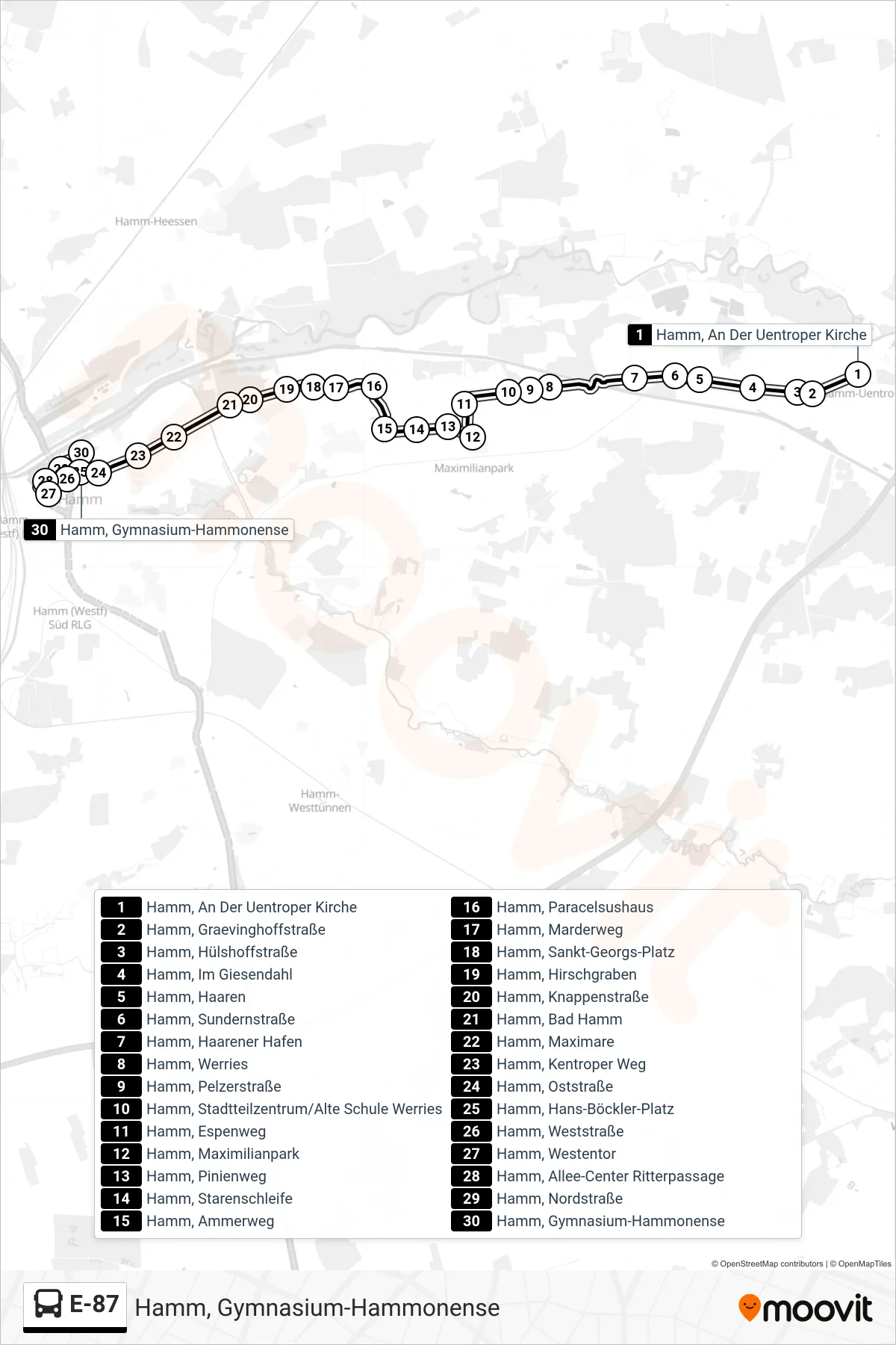 Linie E-87 (Bus) Richtung Hamm, Gymnasium-Hammonense: Route und Haltestellen auf der Karte