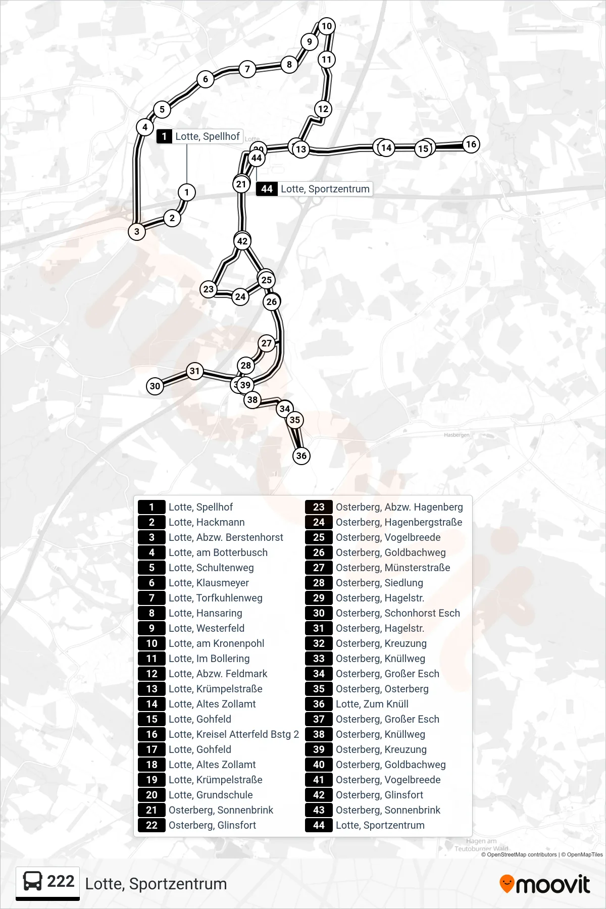 Linie 222 (Bus) Richtung Lotte, Sportzentrum: Route und Haltestellen auf der Karte