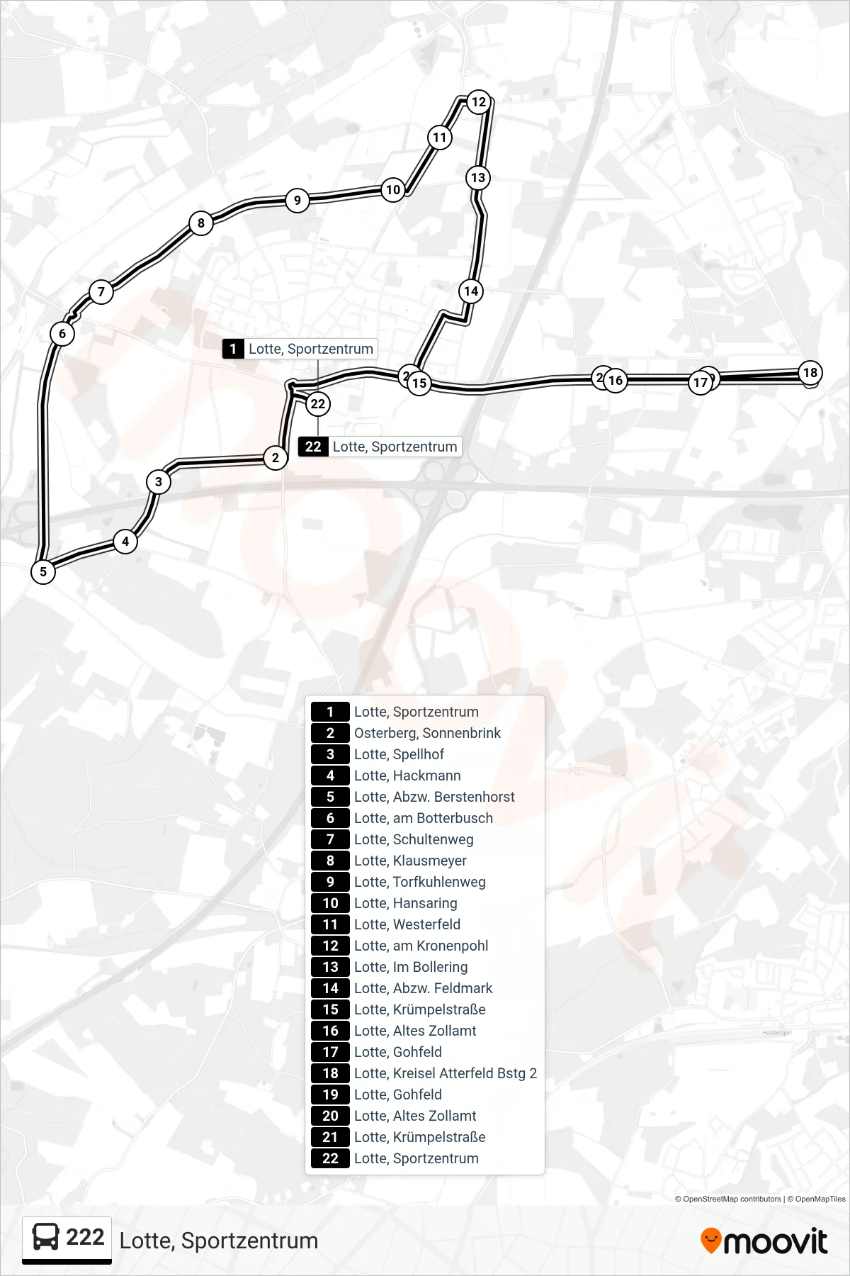 Linie 222 (Bus) Richtung Lotte, Sportzentrum: Route und Haltestellen auf der Karte