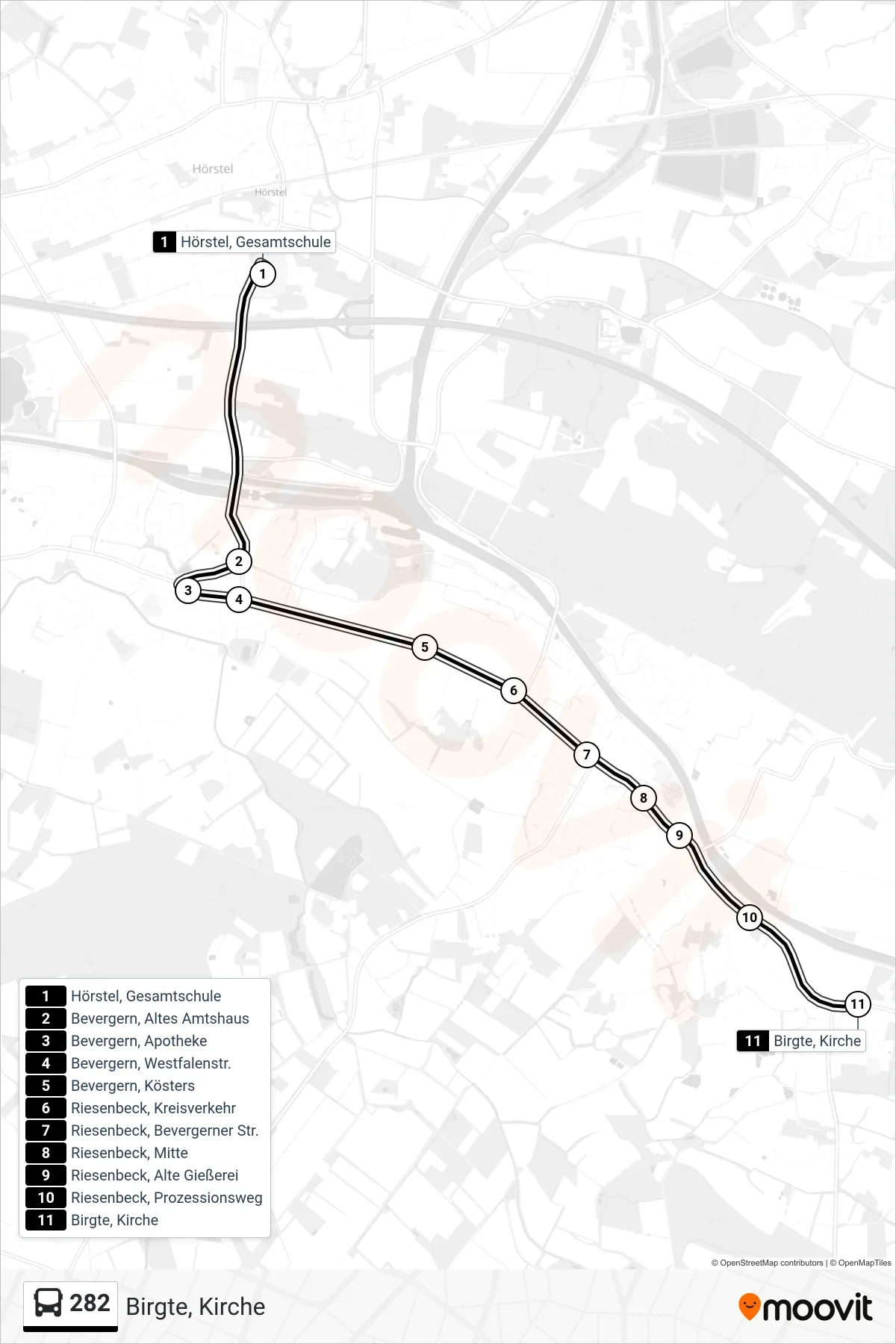 Linie 282 (Bus) Richtung Birgte, Kirche: Route und Haltestellen auf der Karte