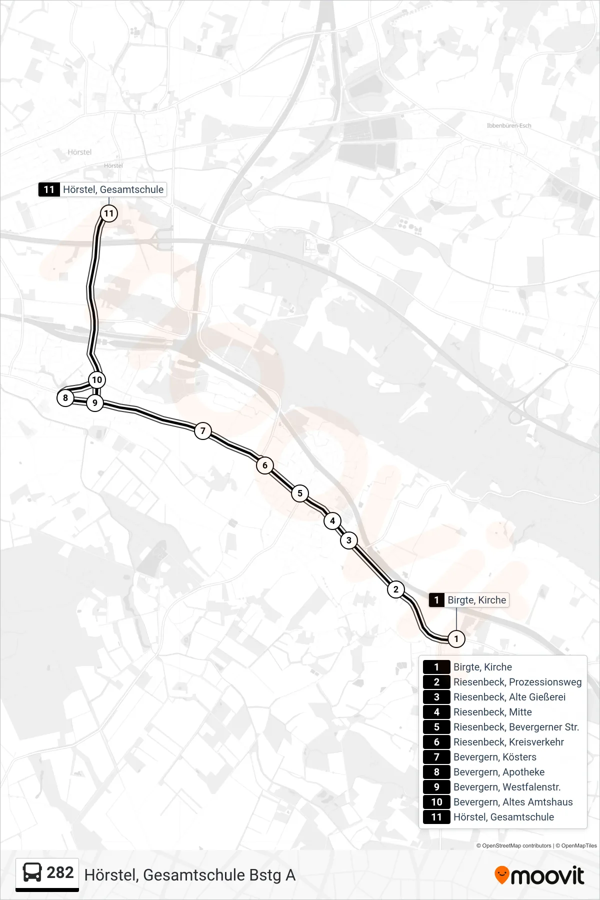 282 bus Line (Hörstel, Gesamtschule Bstg A) route and stops on a map