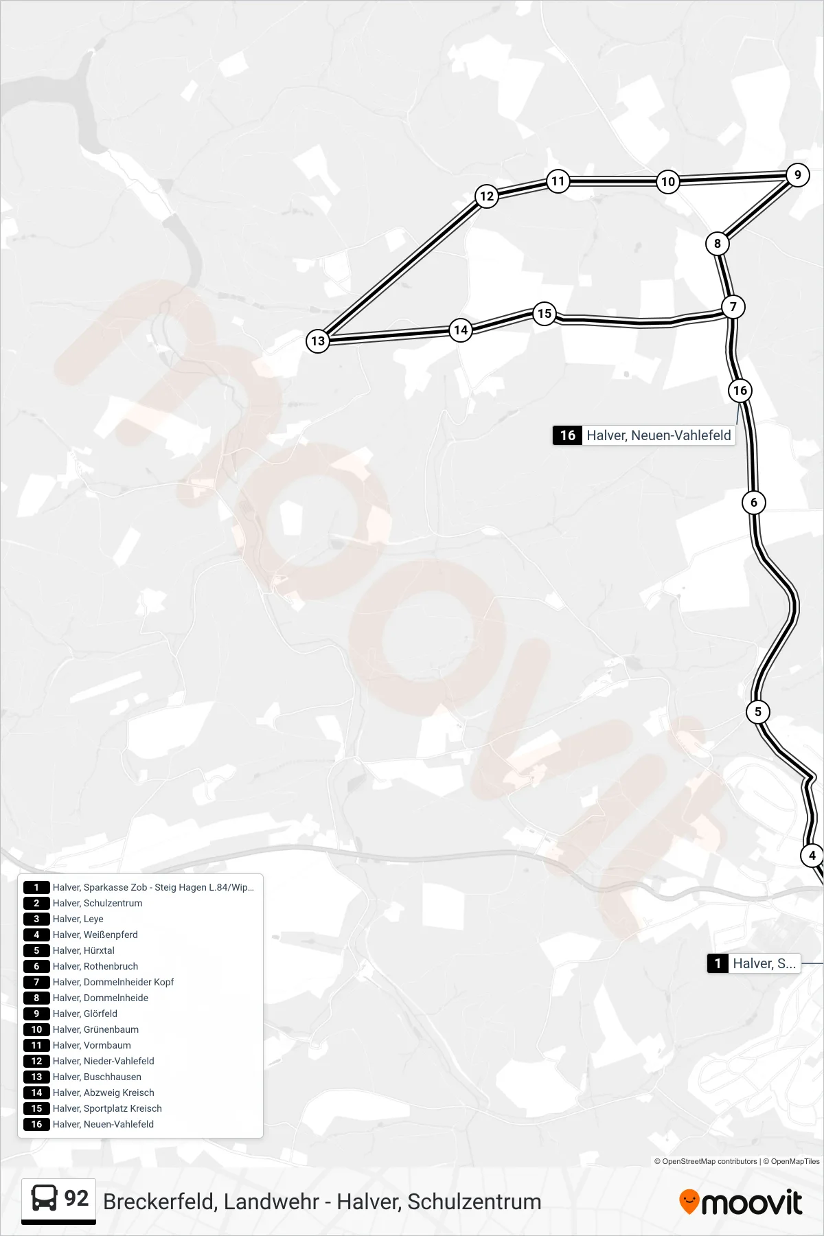 Linie 92 (Bus) Richtung Halver, Neuen-Vahlefeld: Route und Haltestellen auf der Karte