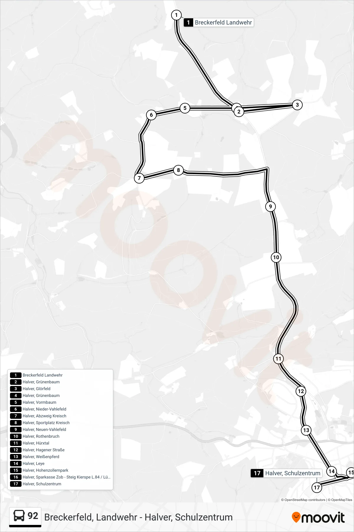Linie 92 (Bus) Richtung Halver, Schulzentrum: Route und Haltestellen auf der Karte