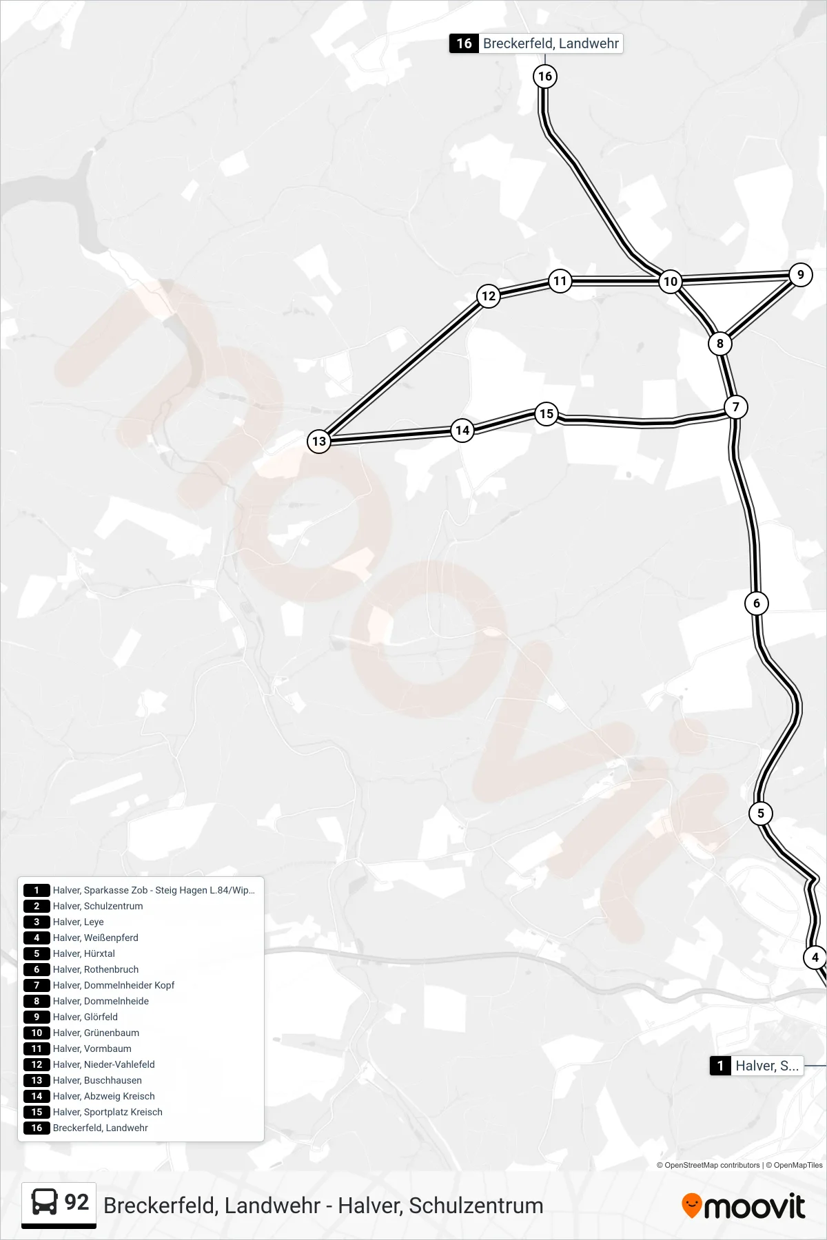 Linie 92 (Bus) Richtung Breckerfeld, Landwehr: Route und Haltestellen auf der Karte